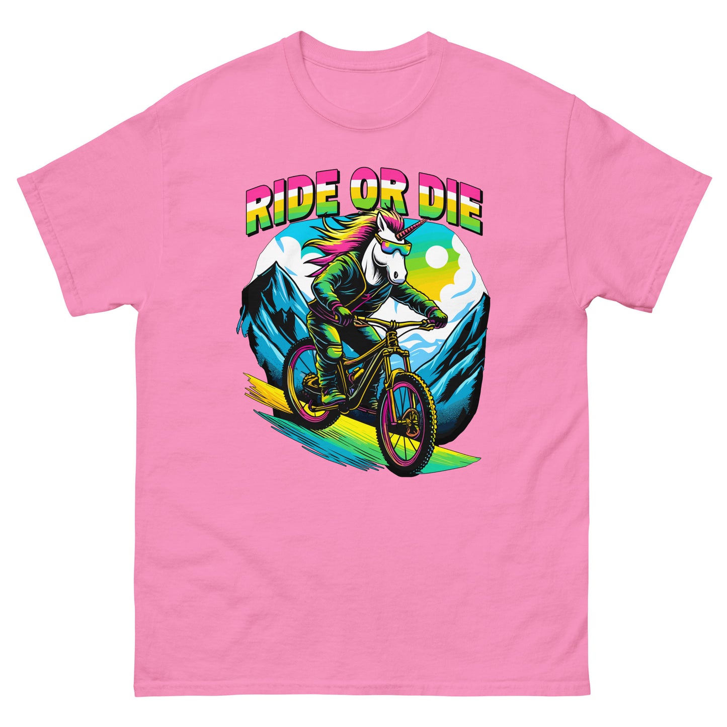 Ride or Die colourful Unicorn riding mountain bike down the hill printed on t-shirt by Whistler Shirts