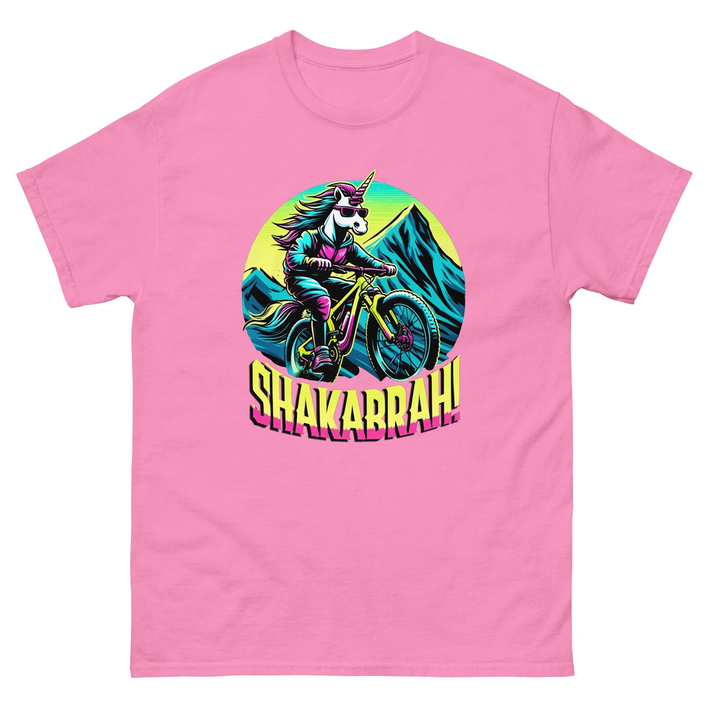 Shakabrah Colourful Mountain Biking Unicorn design printed on a t-shirt by Whistler Shirts