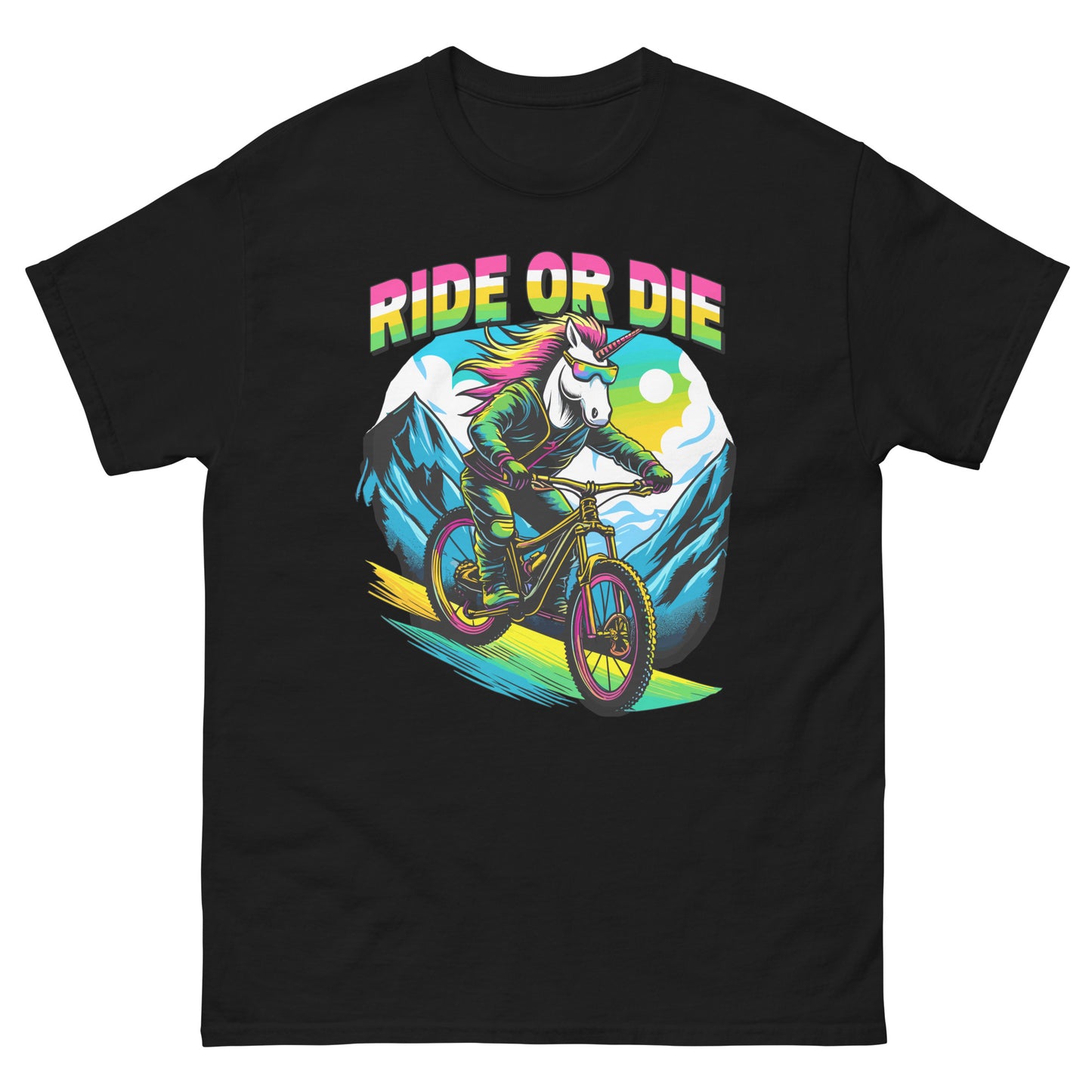 Ride or Die colourful Unicorn riding mountain bike down the hill printed on t-shirt by Whistler Shirts