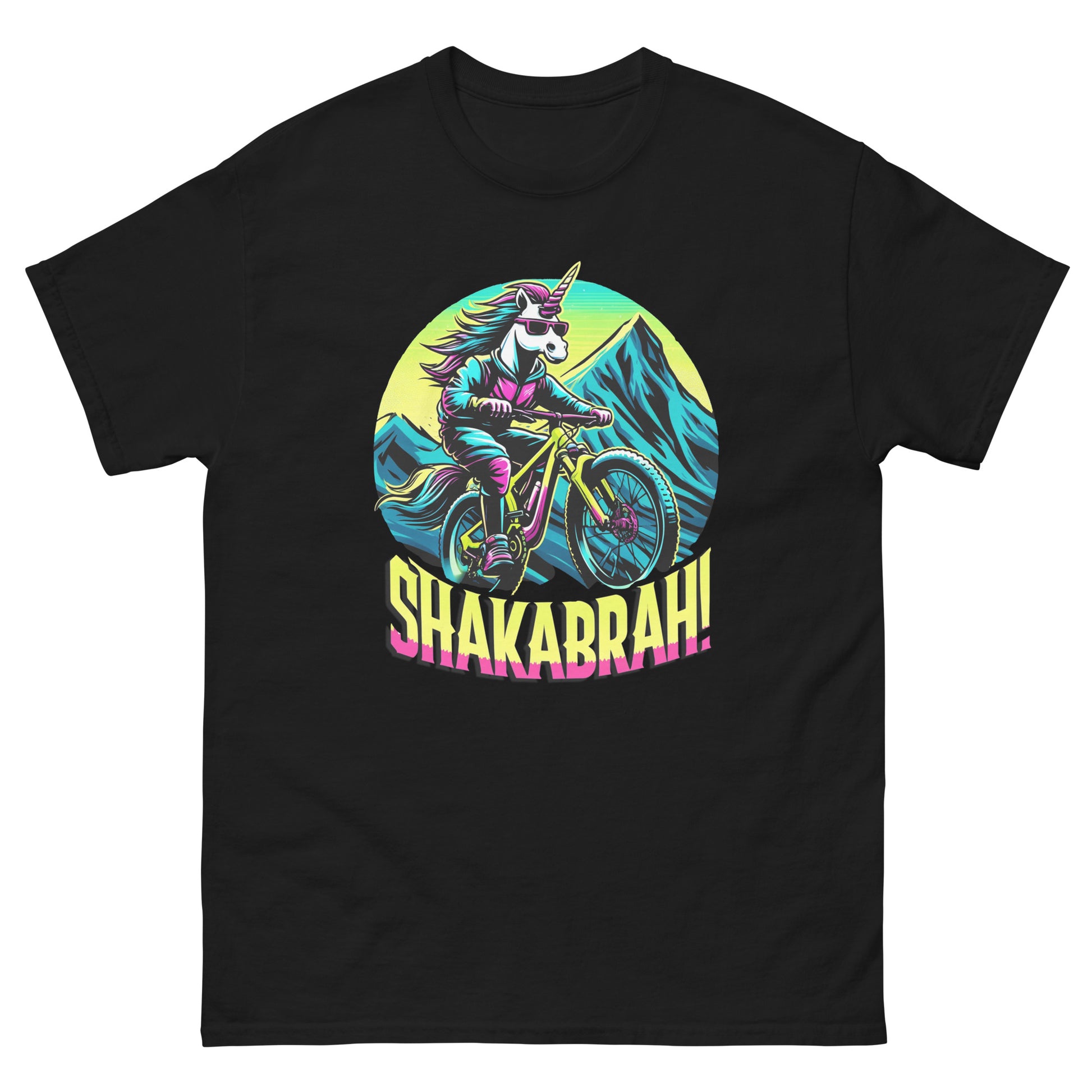 Shakabrah Colourful Mountain Biking Unicorn design printed on a t-shirt by Whistler Shirts