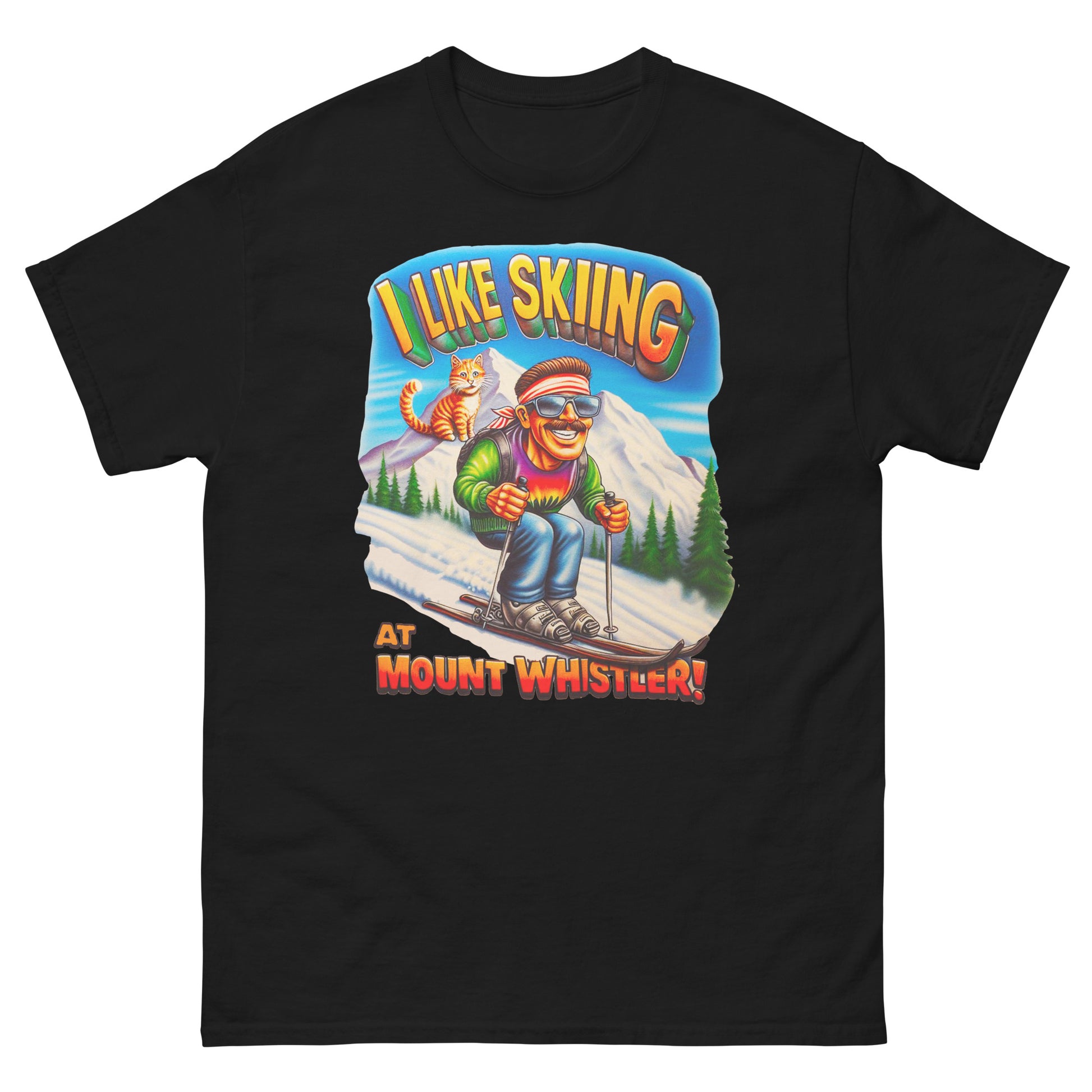 I Like Skiing At Mount Whistler with a cat design printed on t-shirt by Whistler Shirts