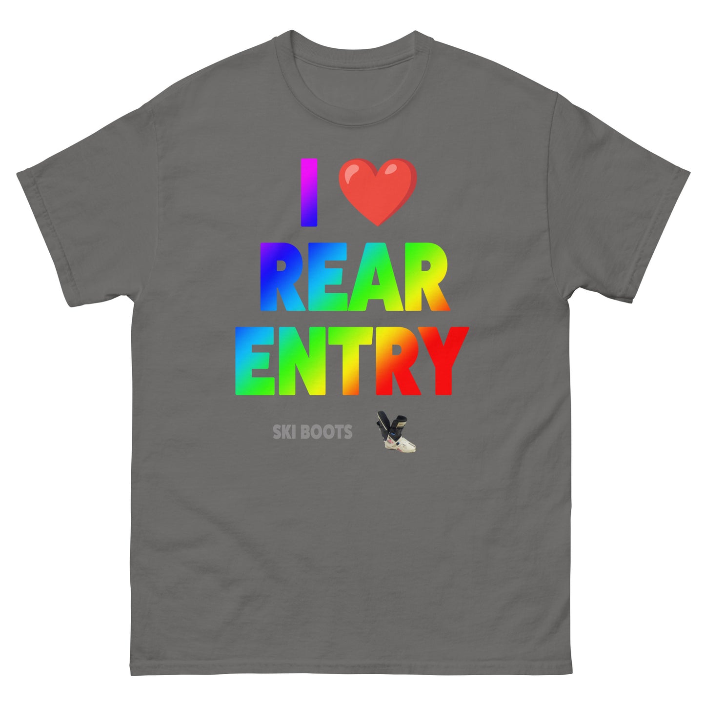 I Love Rear Entry Ski Boots design printed on t-shirt by Whistler Shirts