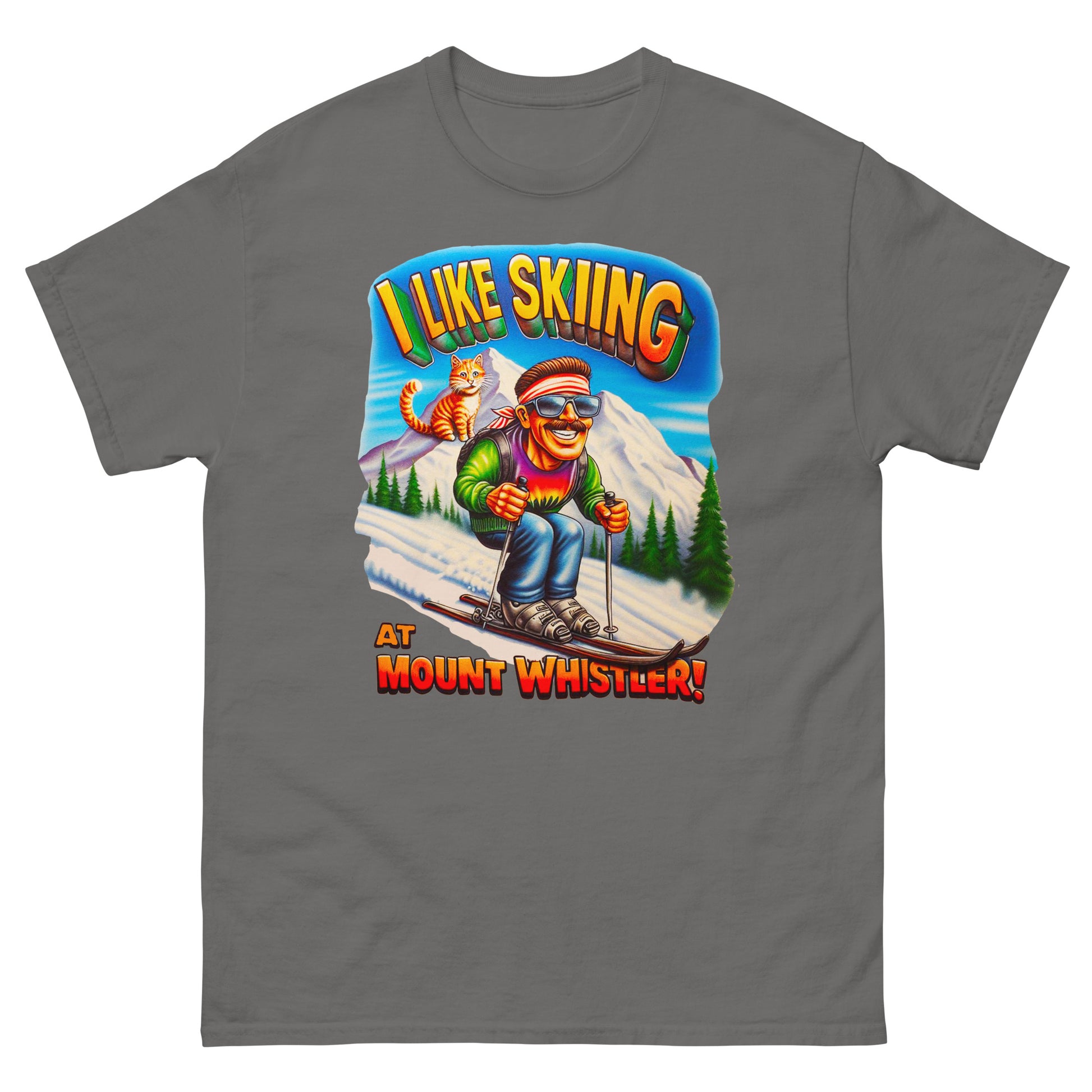 I Like Skiing At Mount Whistler with a cat design printed on t-shirt by Whistler Shirts