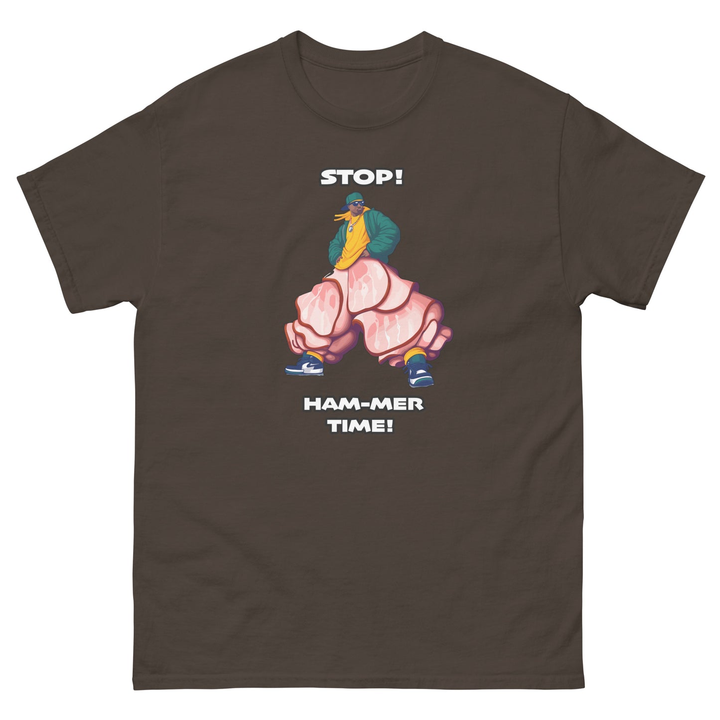 Stop Hammer time Design, MC hammer with slices of ham for pants as a funny pun, printed on a t-shirt by Whistler Shirts