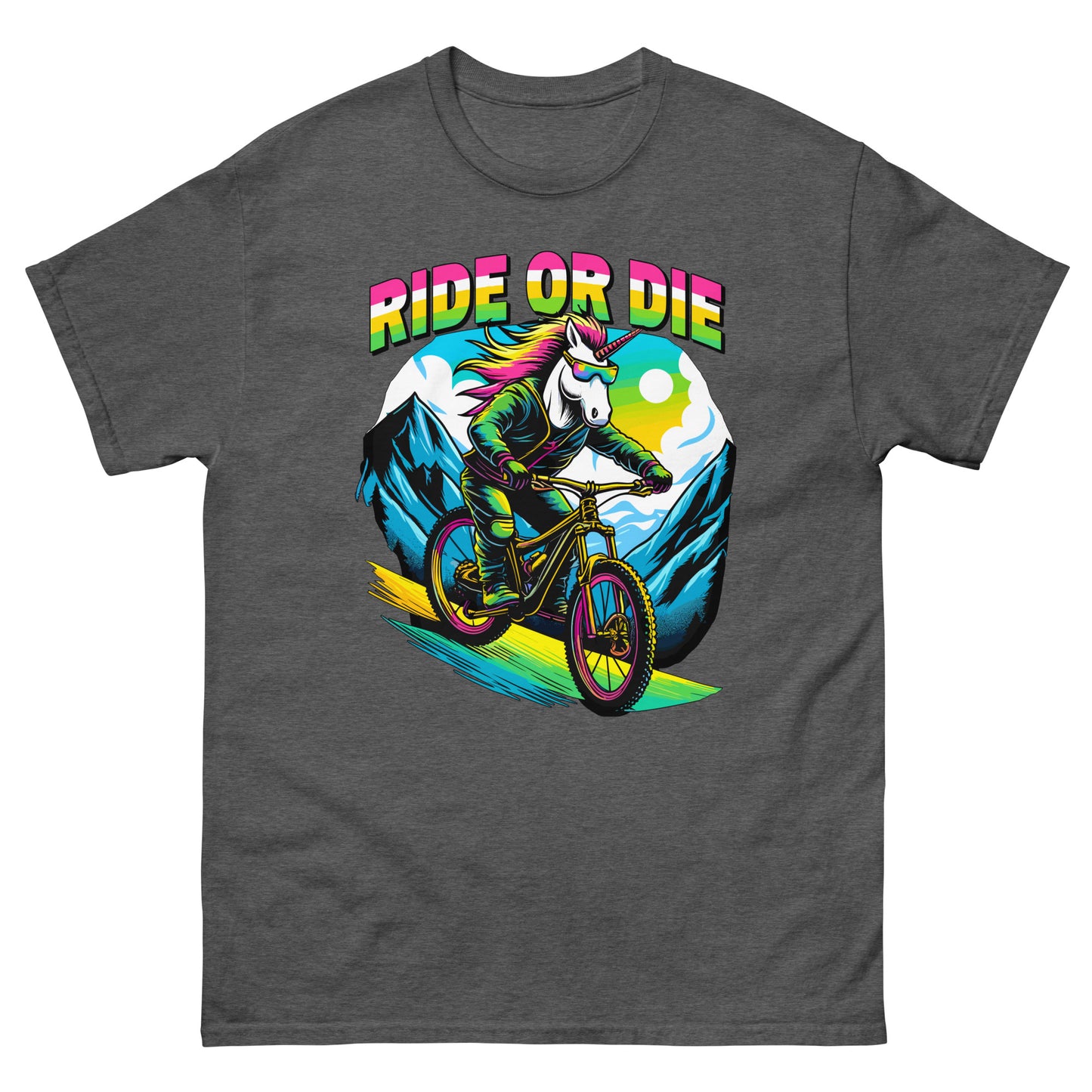 Ride or Die colourful Unicorn riding mountain bike down the hill printed on t-shirt by Whistler Shirts