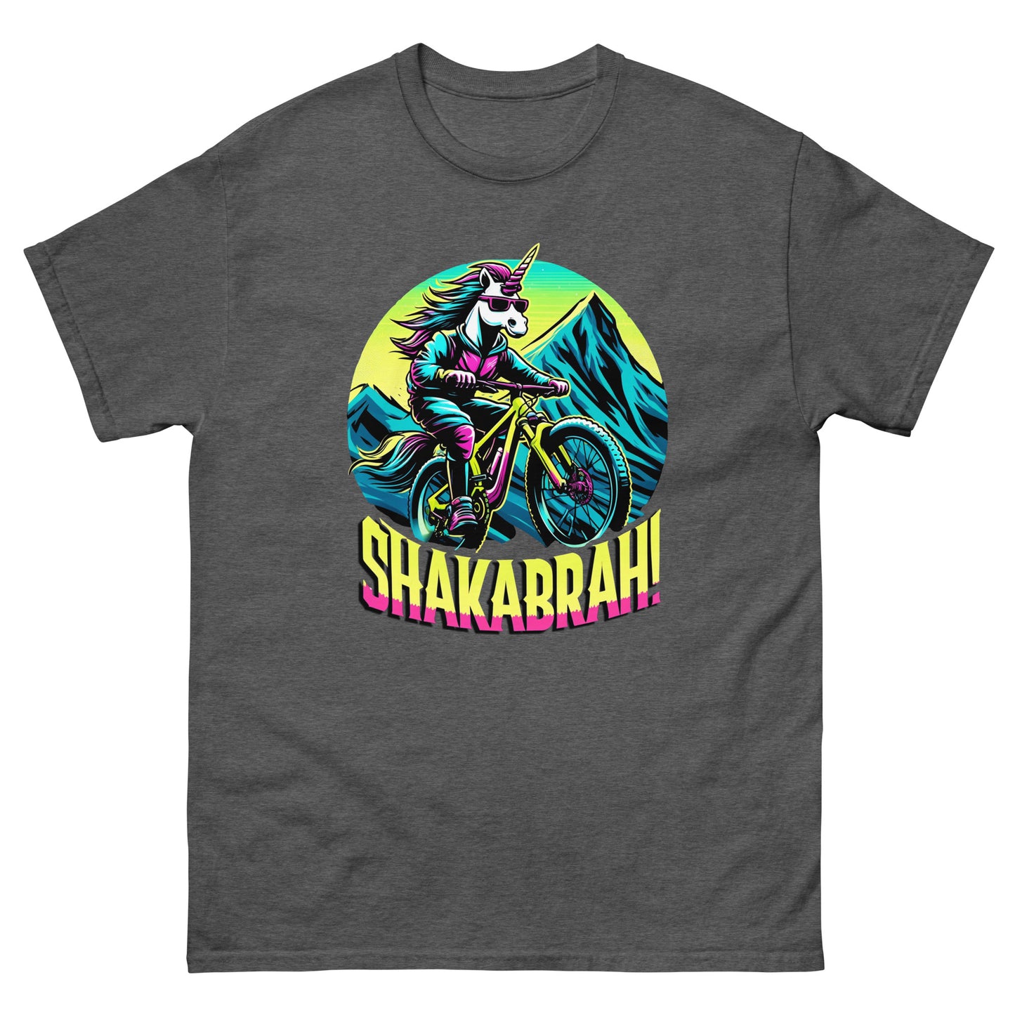 Shakabrah Colourful Mountain Biking Unicorn design printed on a t-shirt by Whistler Shirts