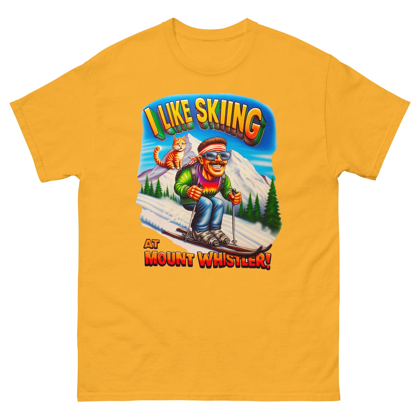 I Like Skiing At Mount Whistler with a cat design printed on t-shirt by Whistler Shirts