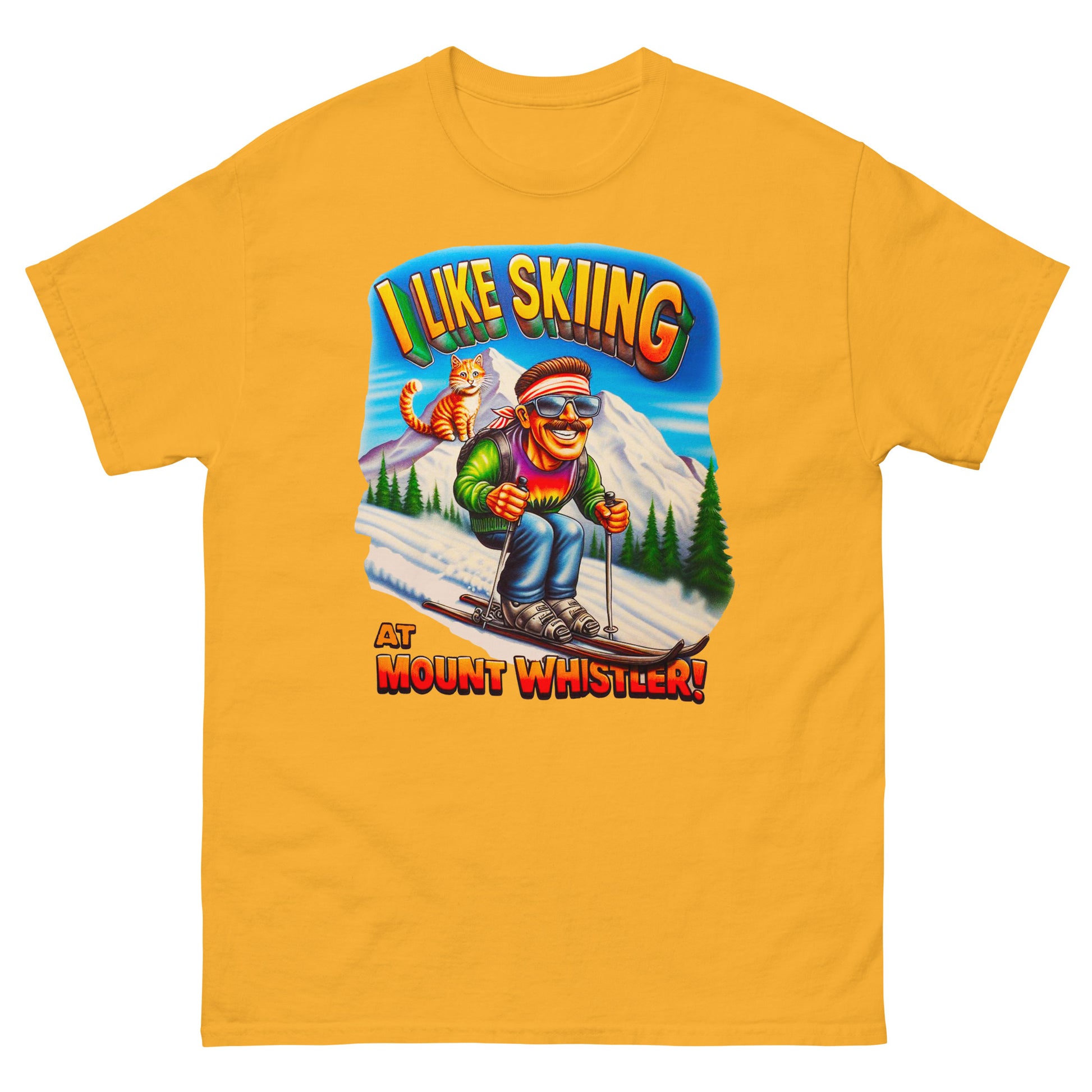 I Like Skiing At Mount Whistler with a cat design printed on t-shirt by Whistler Shirts