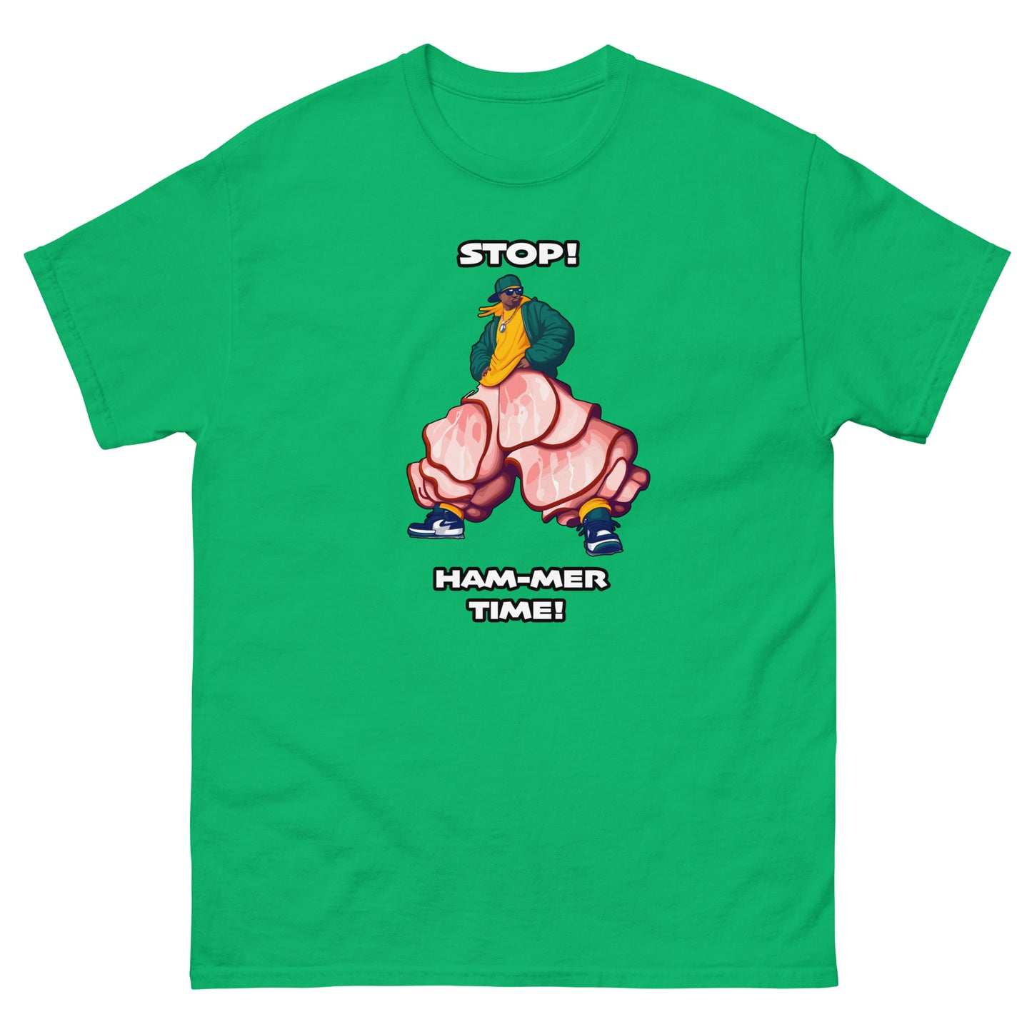 Stop Hammer time Design, MC hammer with slices of ham for pants as a funny pun, printed on a t-shirt by Whistler Shirts