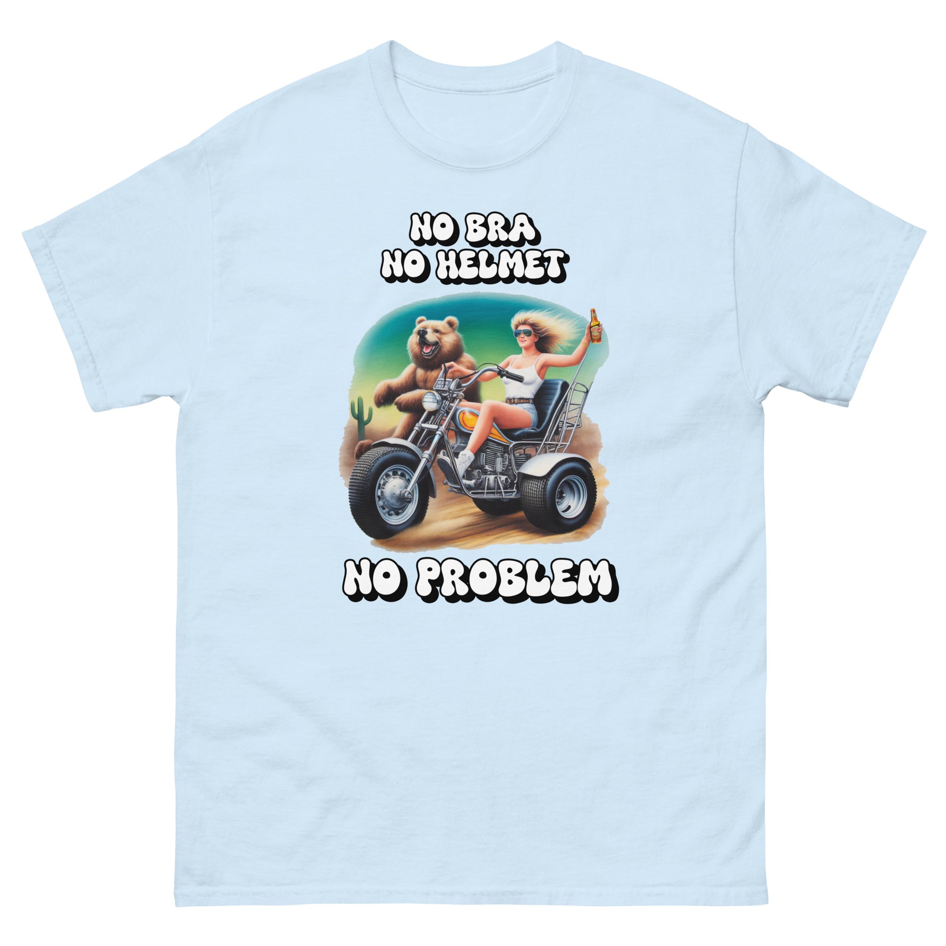 No Bra No Helmet No Problem design printed on t-shirt by Whistler Shirts