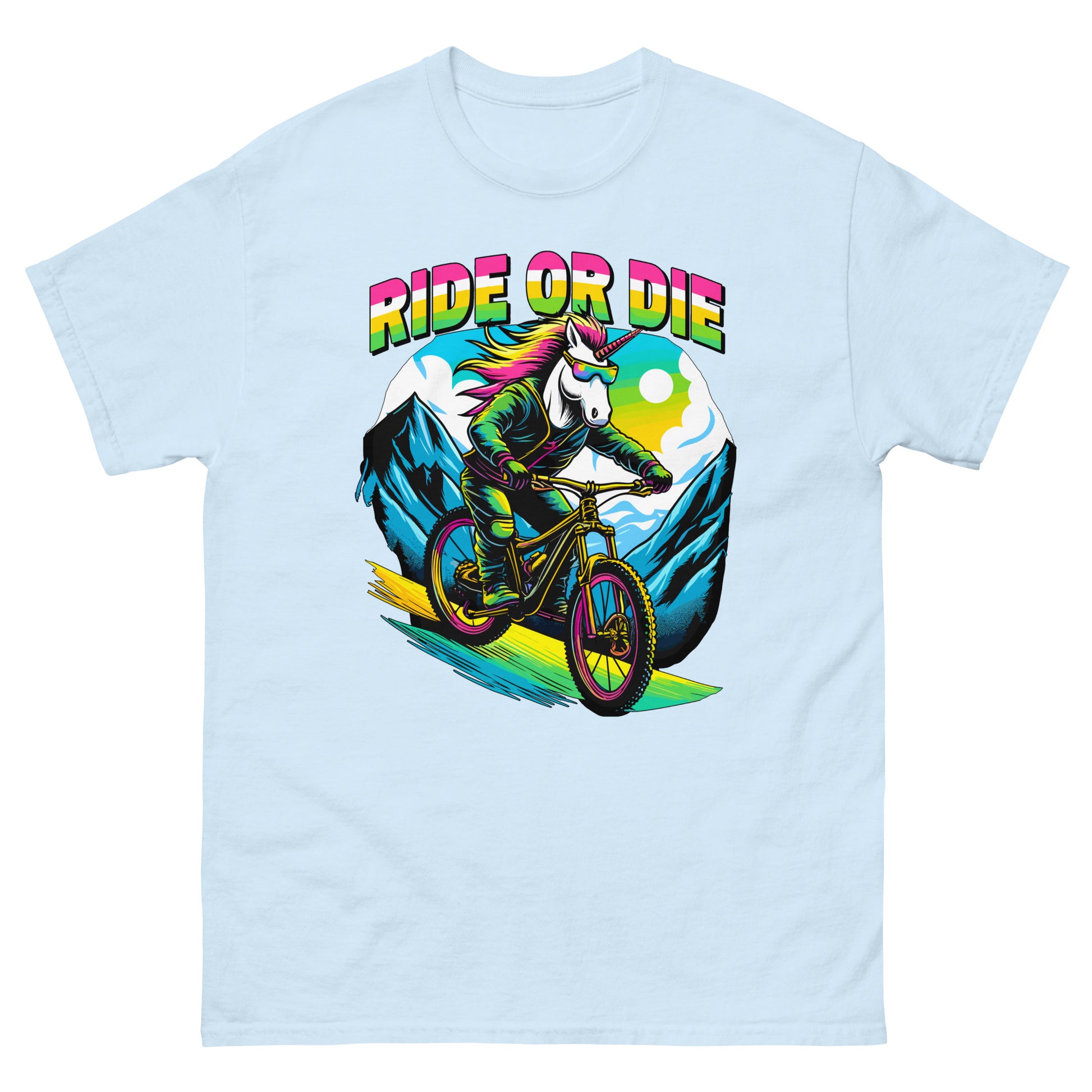 Ride or Die colourful Unicorn riding mountain bike down the hill printed on t-shirt by Whistler Shirts