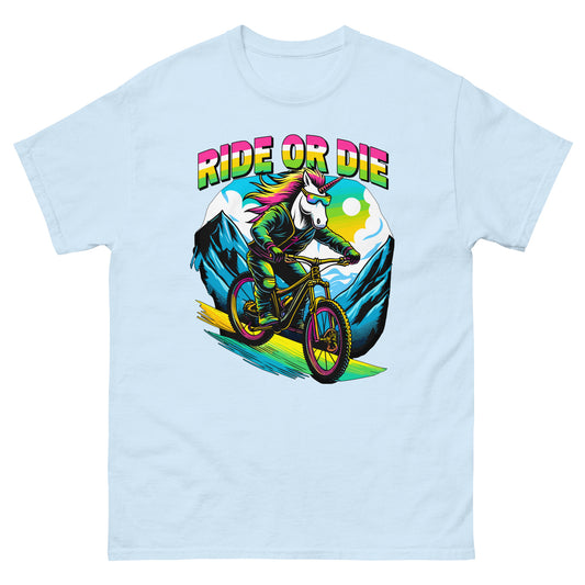 Ride or Die colourful Unicorn riding mountain bike down the hill printed on t-shirt by Whistler Shirts