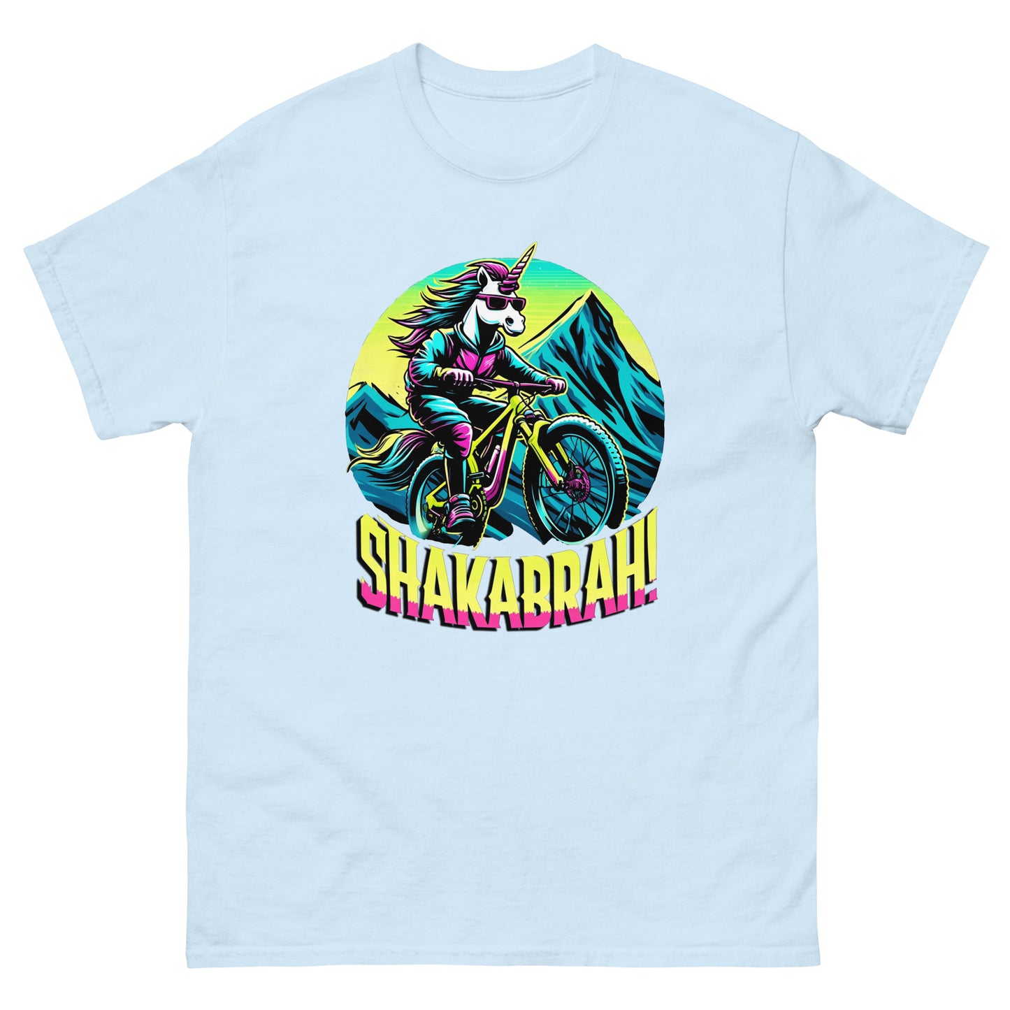 Shakabrah Colourful Mountain Biking Unicorn design printed on a t-shirt by Whistler Shirts