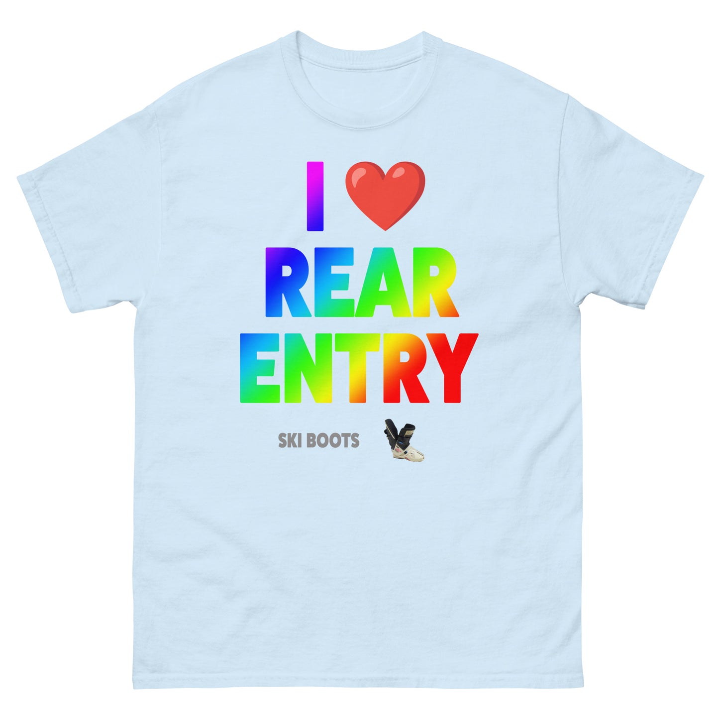 I Love Rear Entry Ski Boots design printed on t-shirt by Whistler Shirts