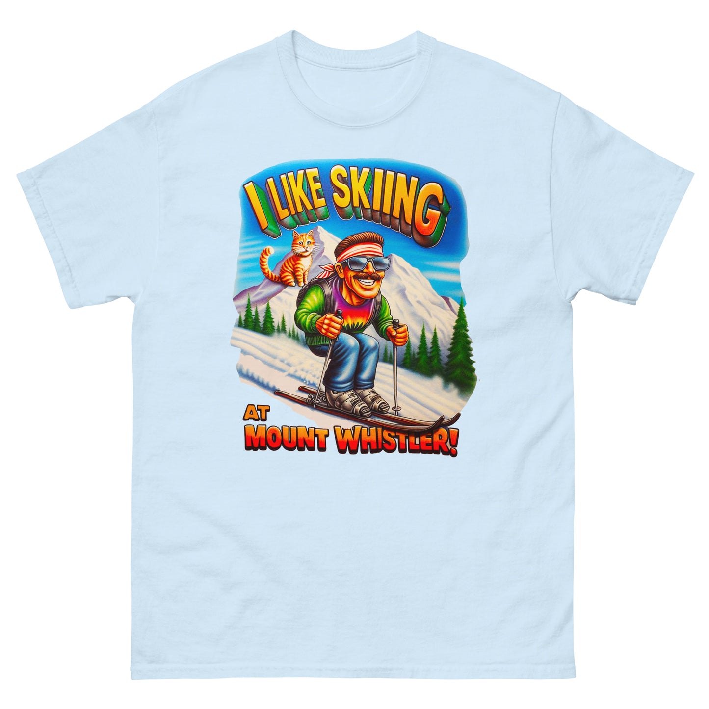 I Like Skiing At Mount Whistler with a cat design printed on t-shirt by Whistler Shirts