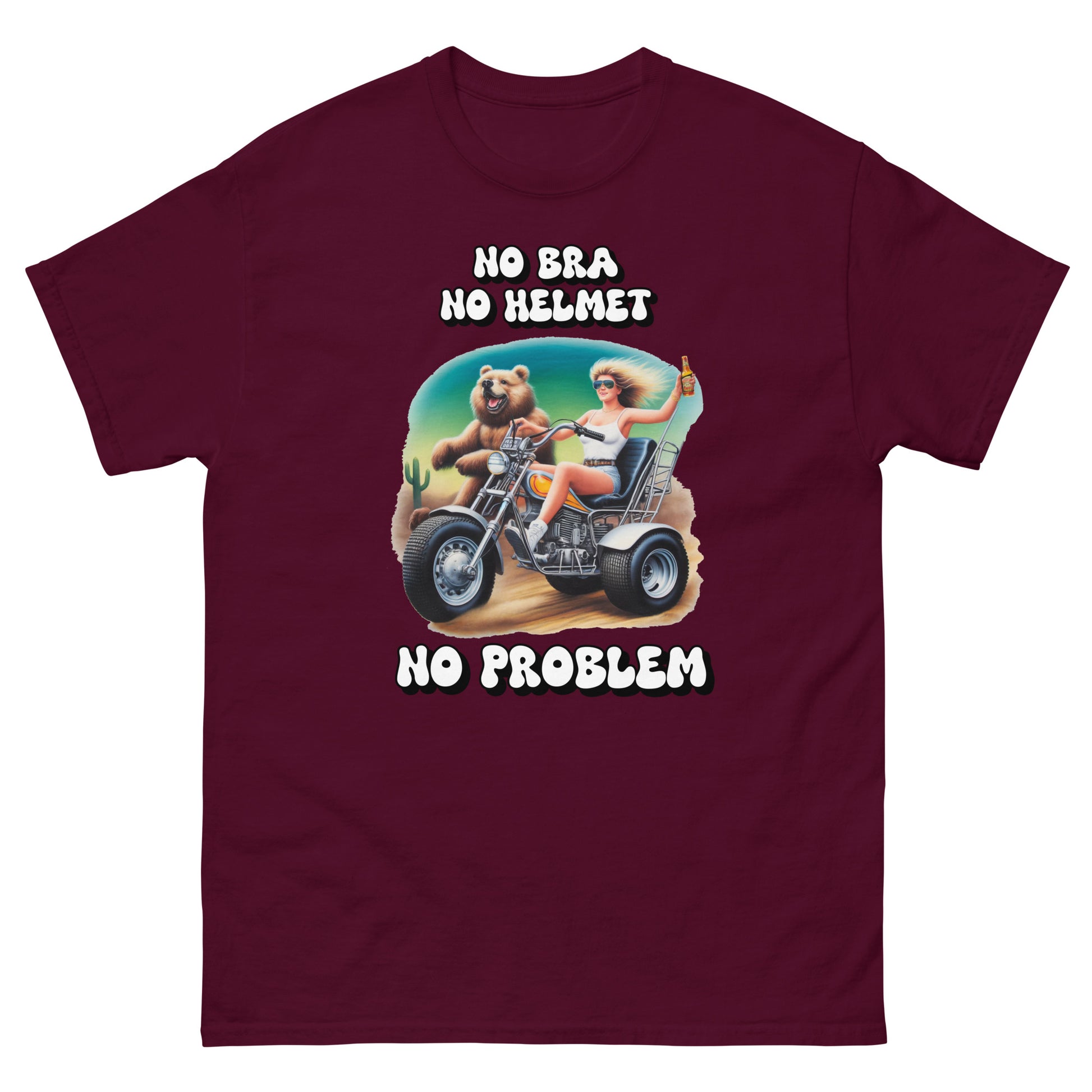 No Bra No Helmet No Problem design printed on t-shirt by Whistler Shirts