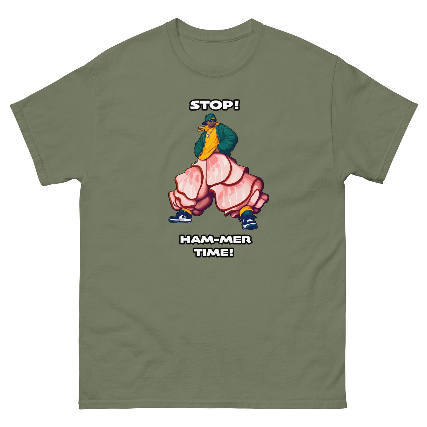 Stop Hammer time Design, MC hammer with slices of ham for pants as a funny pun, printed on a t-shirt by Whistler Shirts