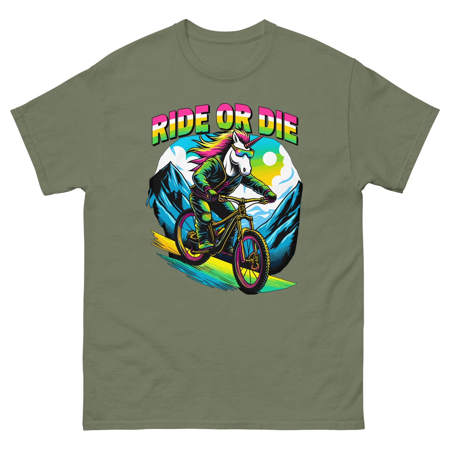 Ride or Die colourful Unicorn riding mountain bike down the hill printed on t-shirt by Whistler Shirts