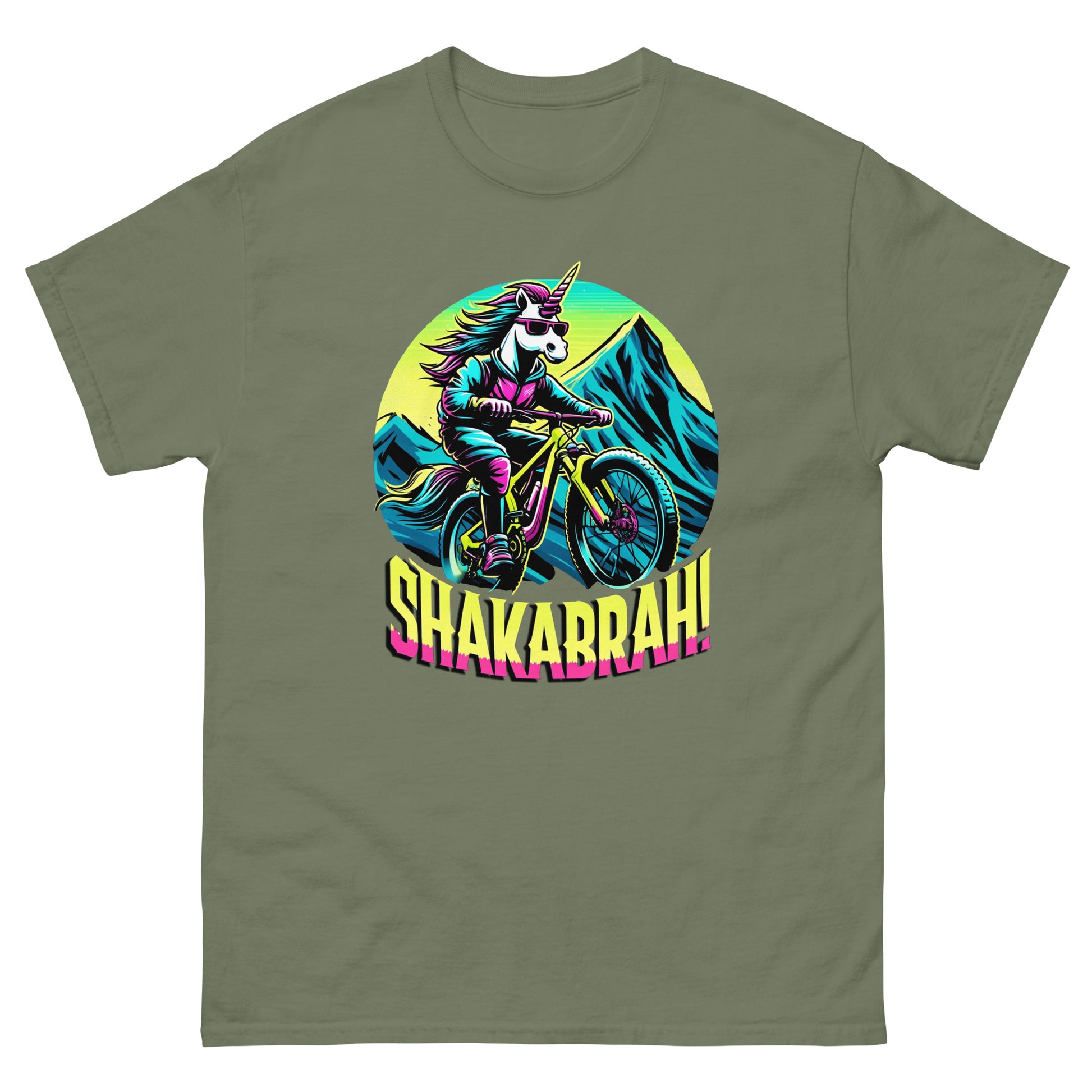 Shakabrah Colourful Mountain Biking Unicorn design printed on a t-shirt by Whistler Shirts