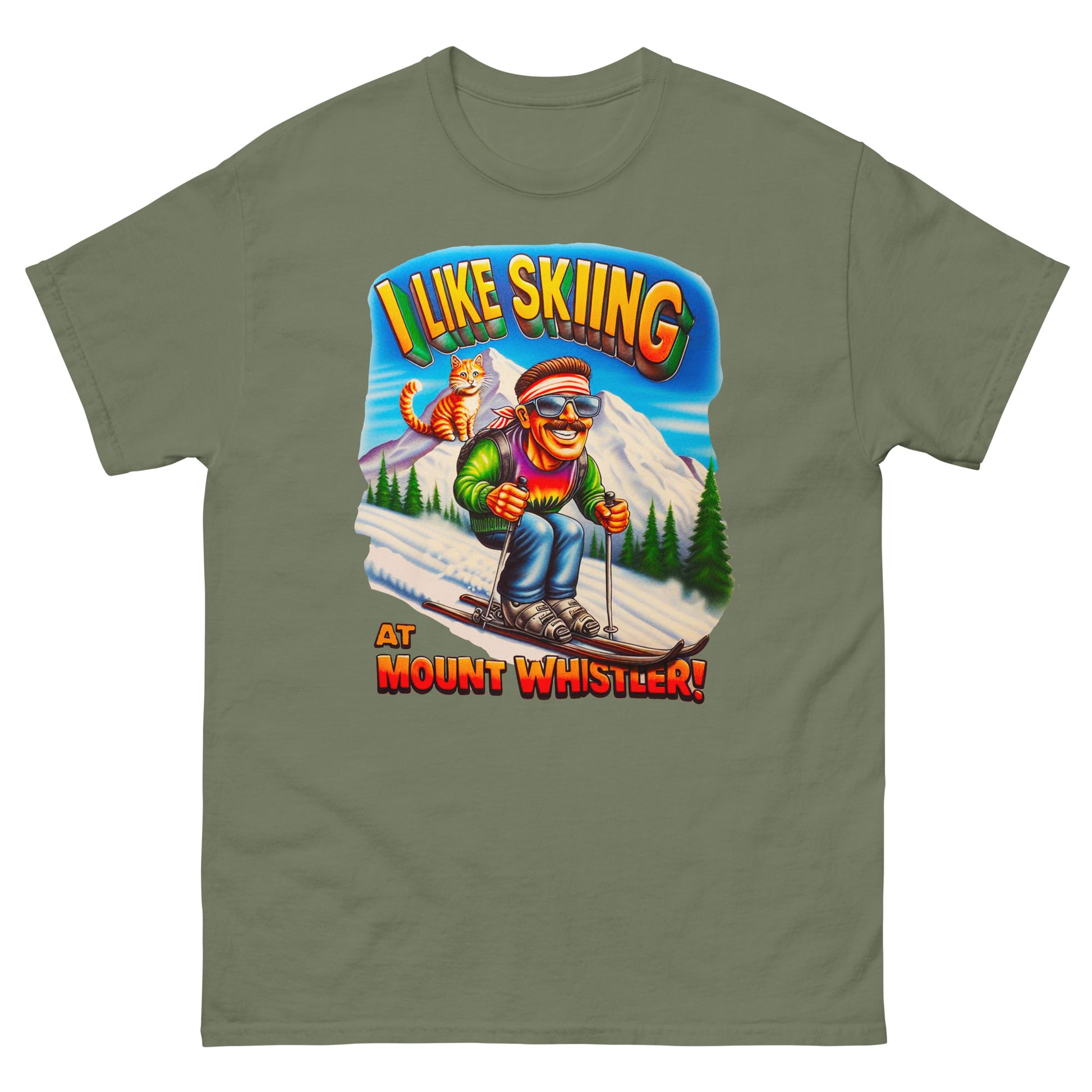 I Like Skiing At Mount Whistler with a cat design printed on t-shirt by Whistler Shirts