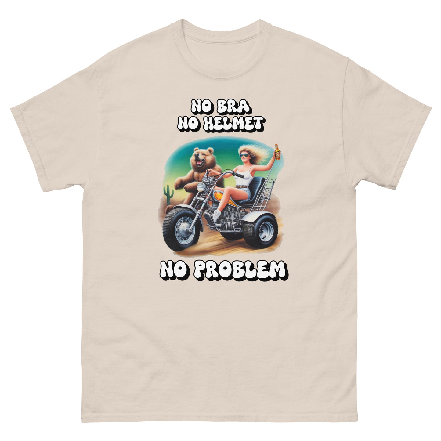 No Bra No Helmet No Problem design printed on t-shirt by Whistler Shirts