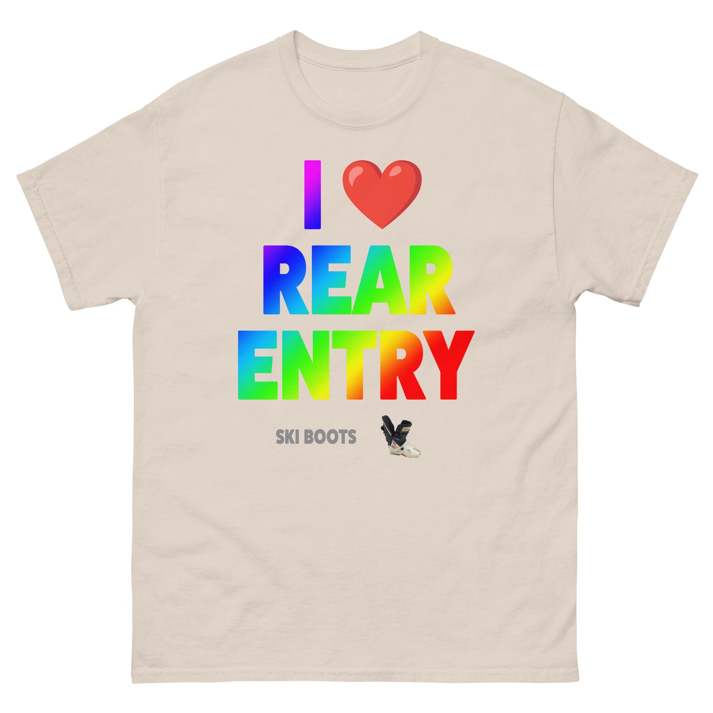 I Love Rear Entry Ski Boots design printed on t-shirt by Whistler Shirts