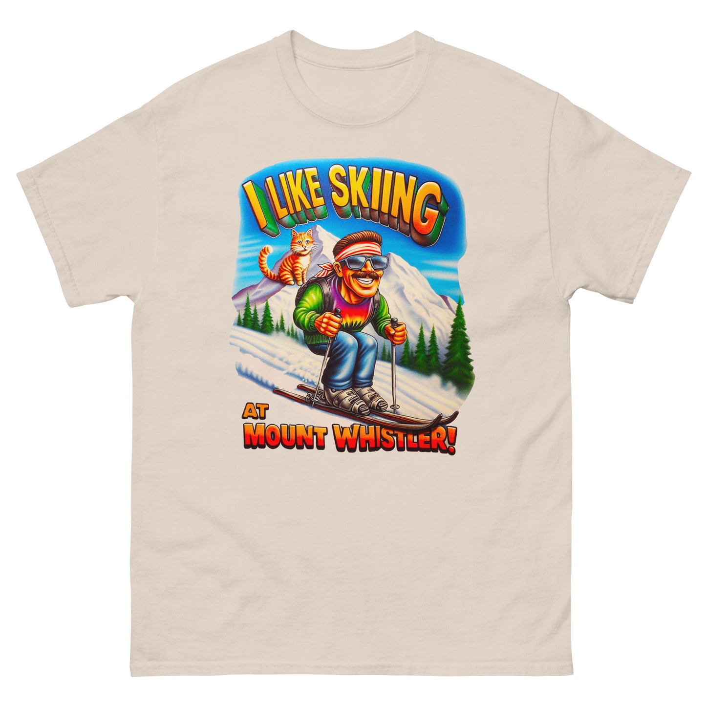 I Like Skiing At Mount Whistler with a cat design printed on t-shirt by Whistler Shirts