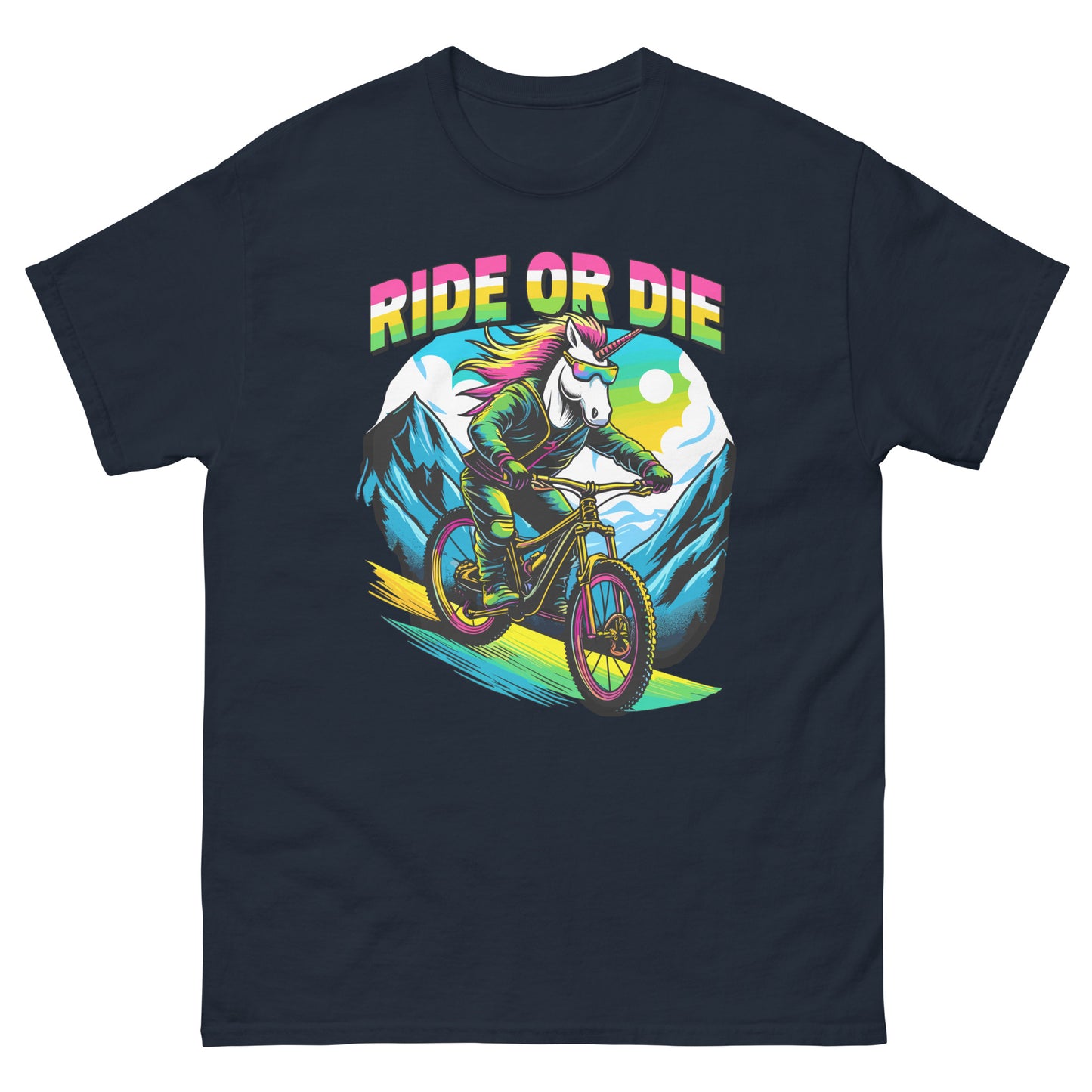 Ride or Die colourful Unicorn riding mountain bike down the hill printed on t-shirt by Whistler Shirts