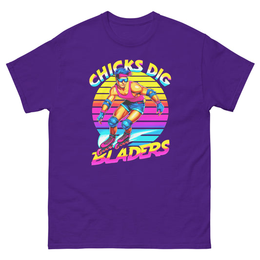 Chicks Digs Bladers colourful design with rollerblader printed on t-shirt by Whistler Shirts