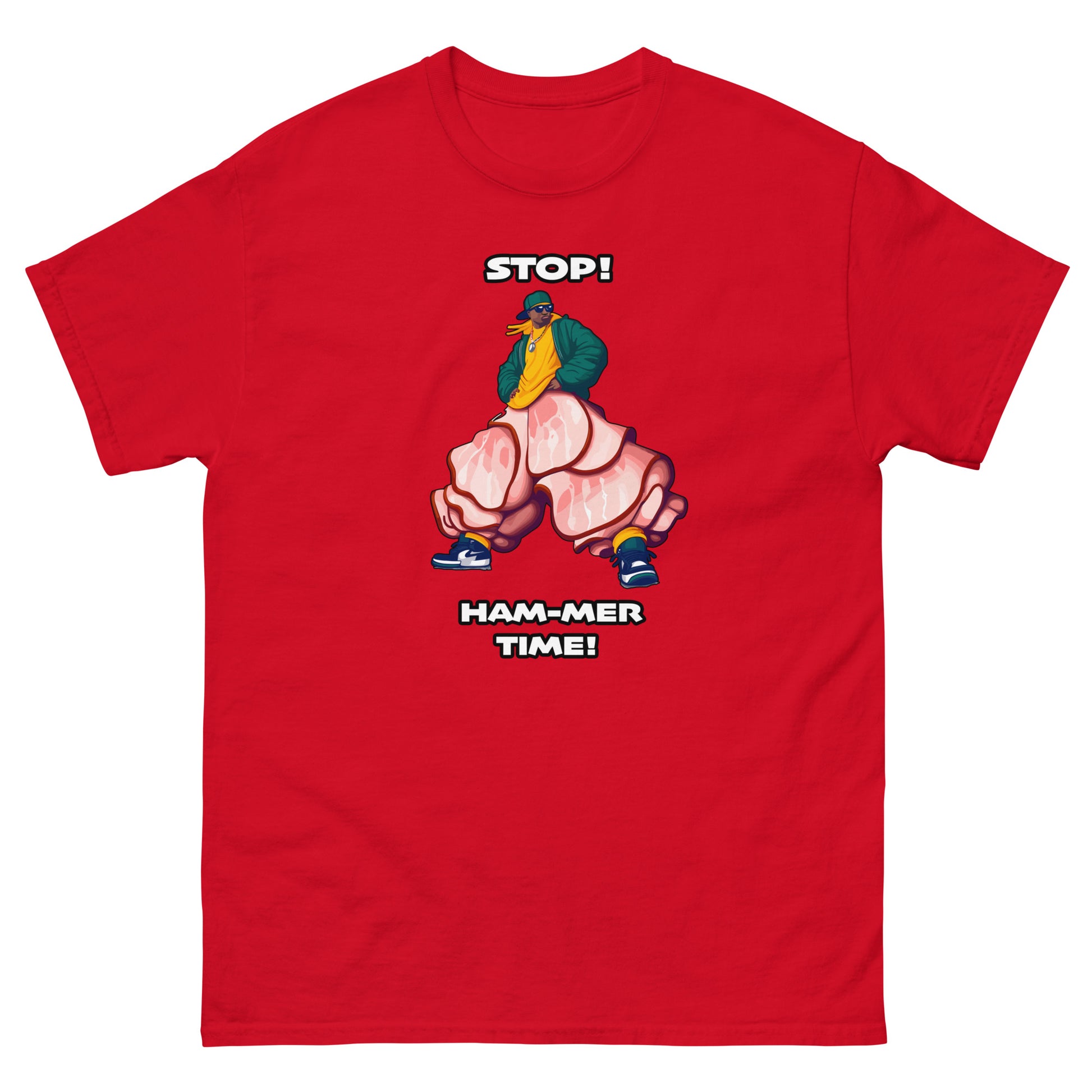 Stop Hammer time Design, MC hammer with slices of ham for pants as a funny pun, printed on a t-shirt by Whistler Shirts