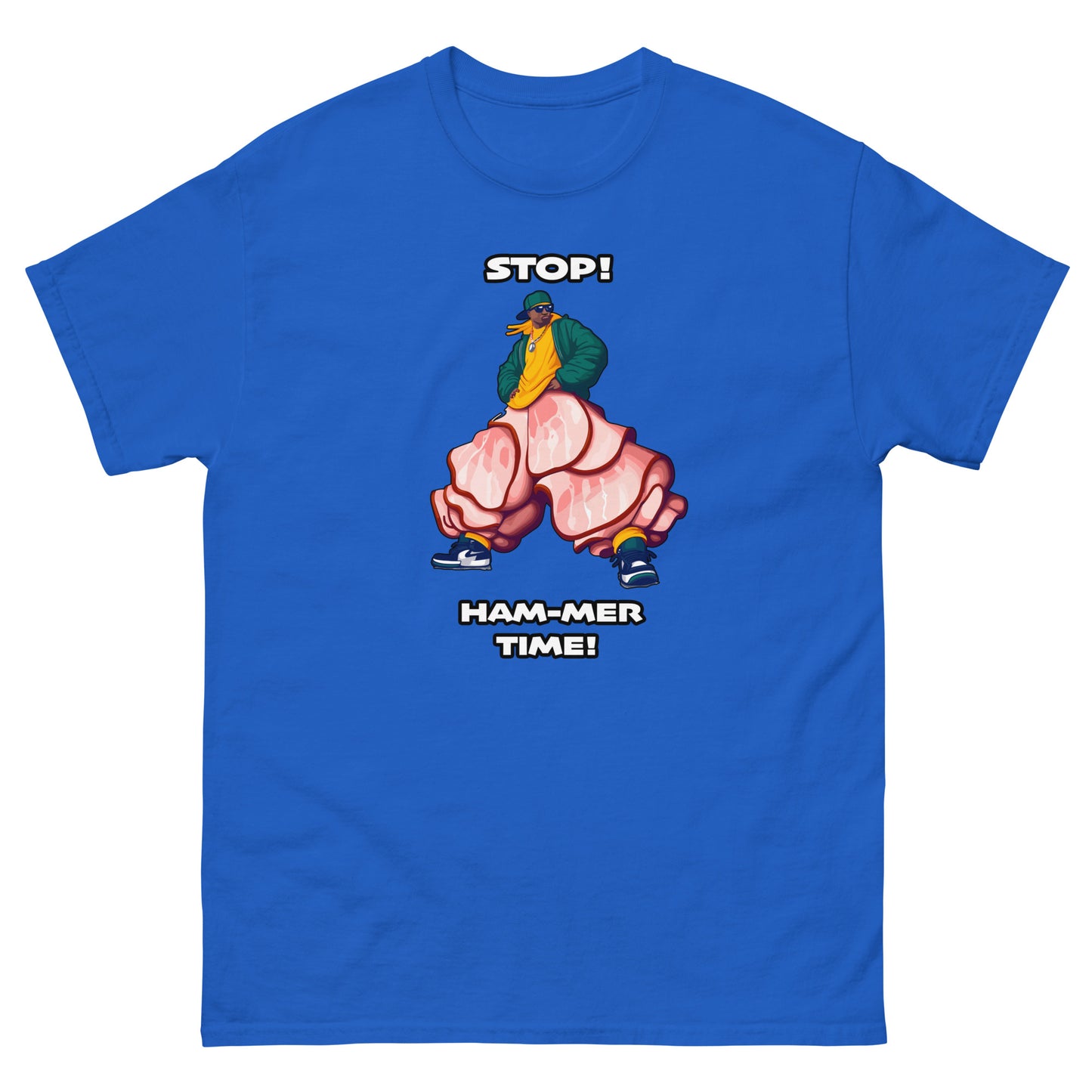 Stop Hammer time Design, MC hammer with slices of ham for pants as a funny pun, printed on a t-shirt by Whistler Shirts