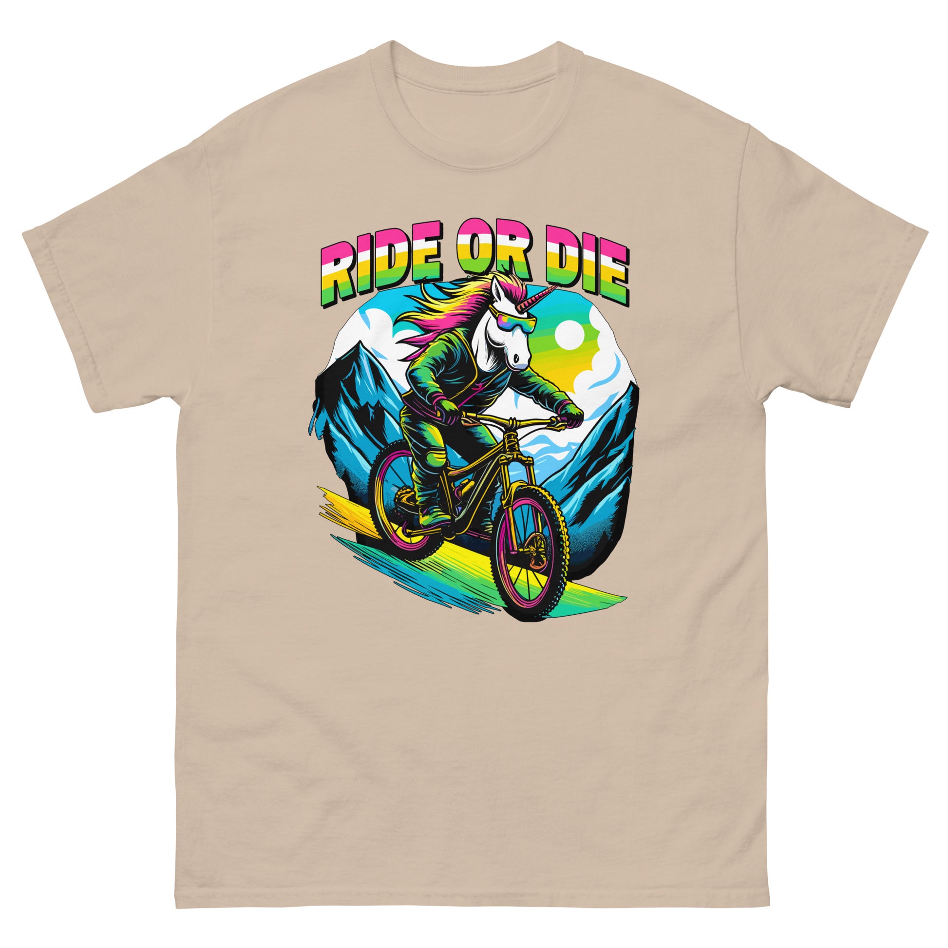 Ride or Die colourful Unicorn riding mountain bike down the hill printed on t-shirt by Whistler Shirts