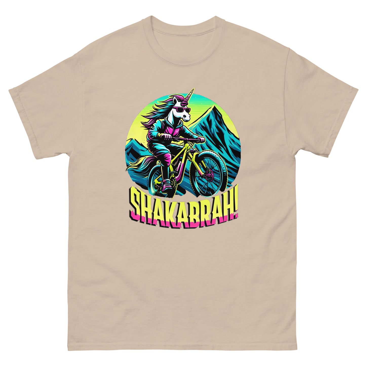 Shakabrah Colourful Mountain Biking Unicorn design printed on a t-shirt by Whistler Shirts