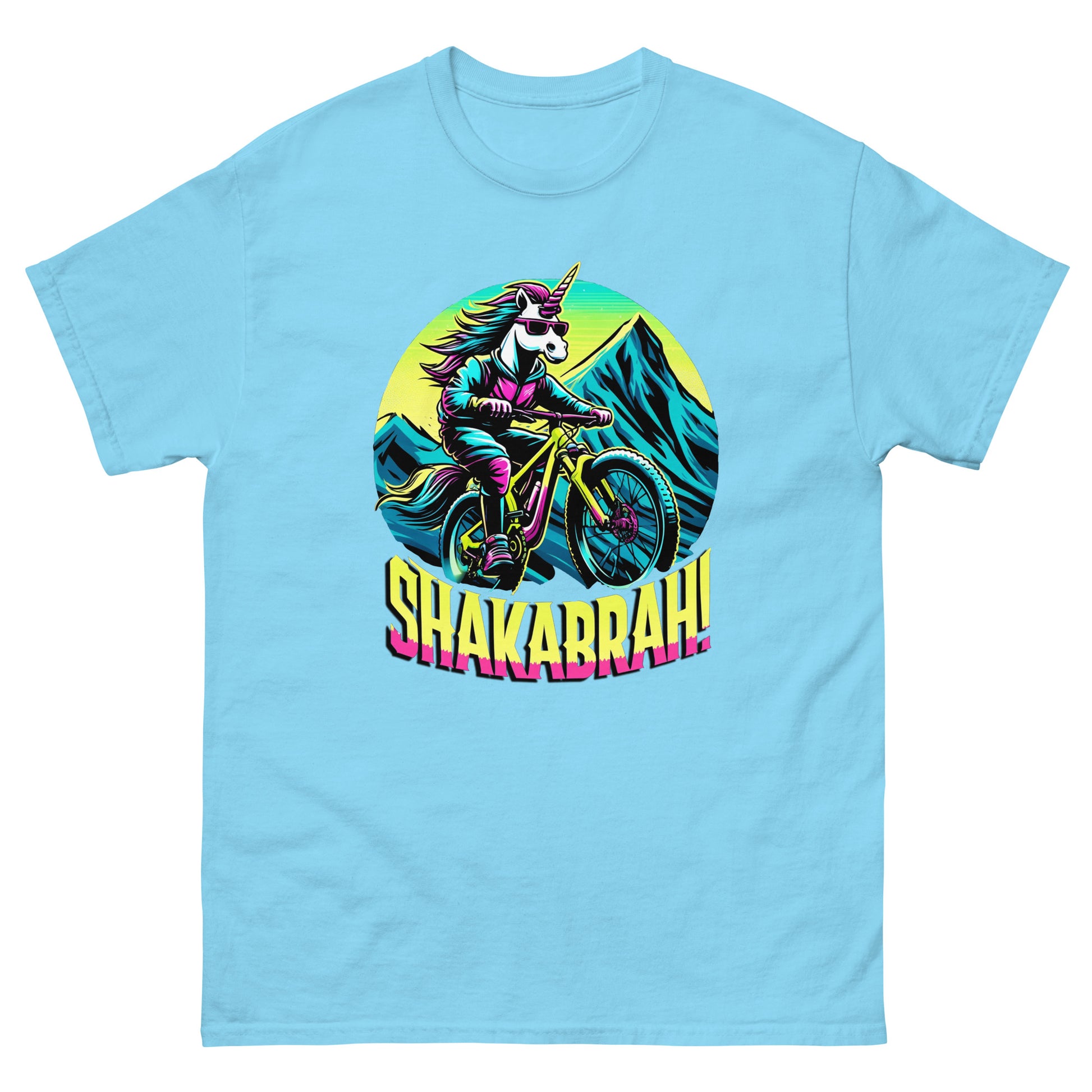 Shakabrah Colourful Mountain Biking Unicorn design printed on a t-shirt by Whistler Shirts