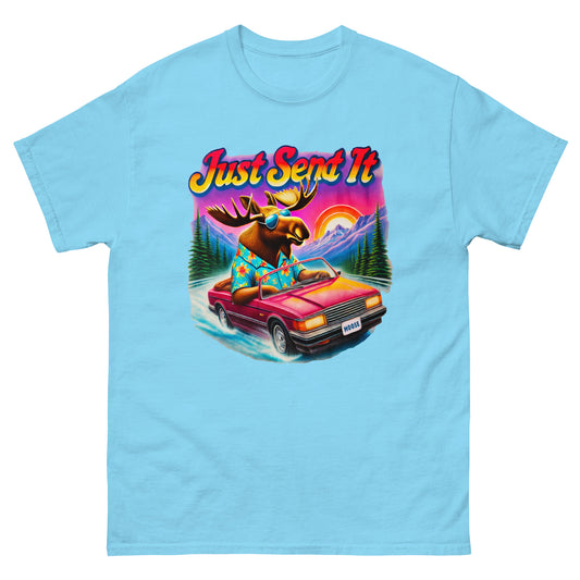 Just Send It Moose Driving a car in Hawaiian shirt design printed on T-shirt by Whistler Shirts