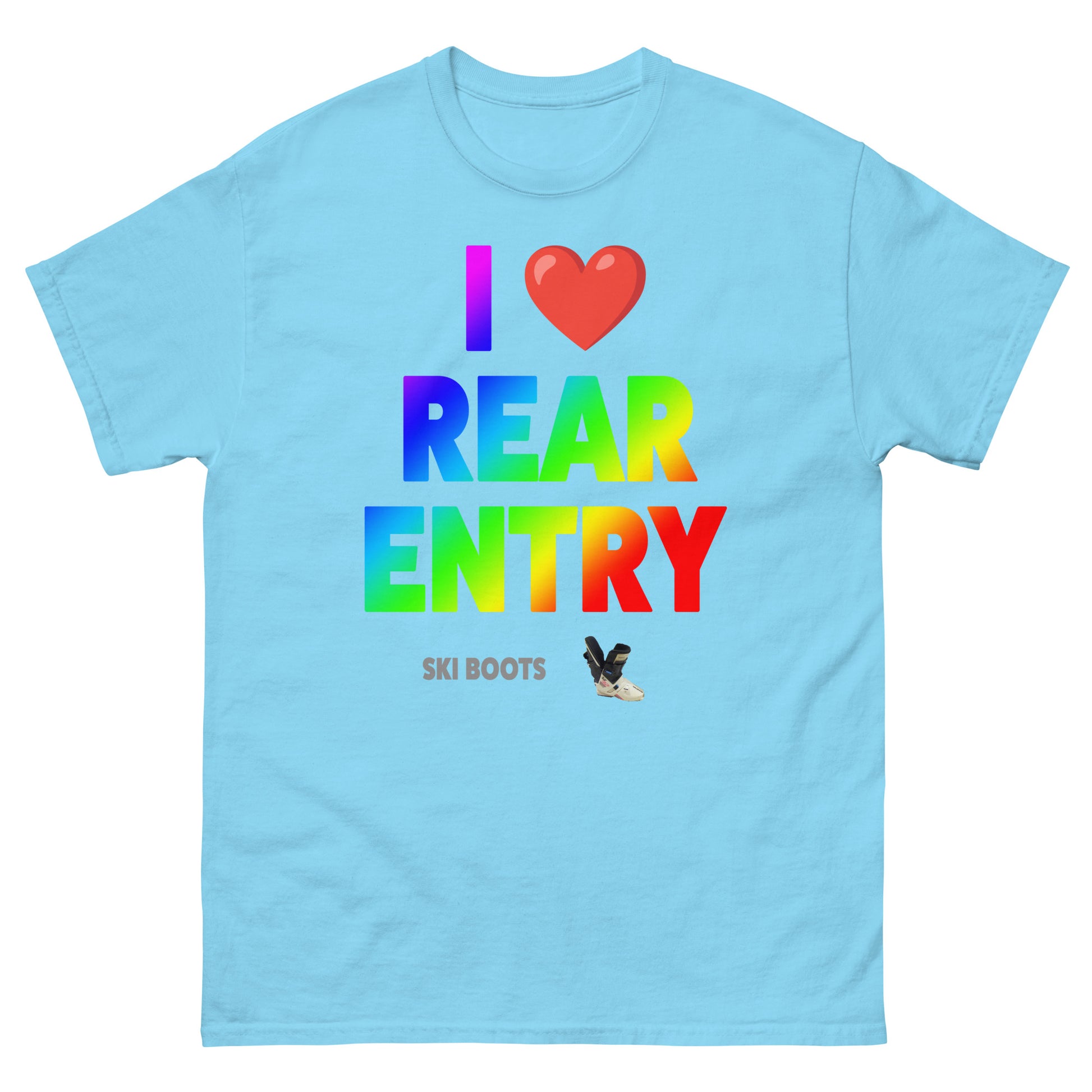 I Love Rear Entry Ski Boots design printed on t-shirt by Whistler Shirts