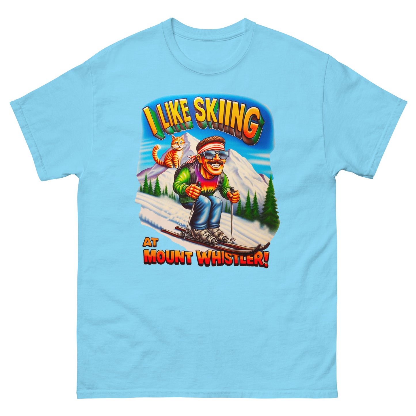 I Like Skiing At Mount Whistler with a cat design printed on t-shirt by Whistler Shirts