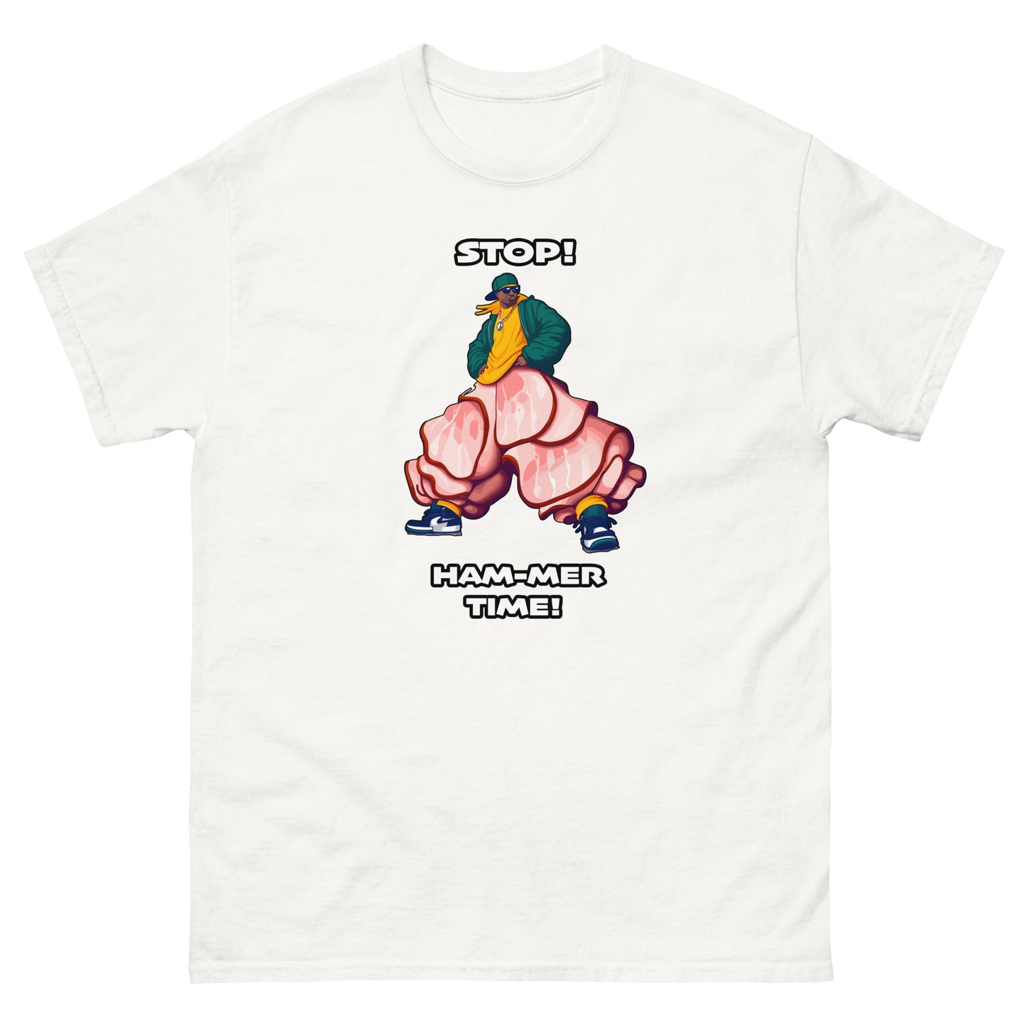 Stop Hammer time Design, MC hammer with slices of ham for pants as a funny pun, printed on a t-shirt by Whistler Shirts