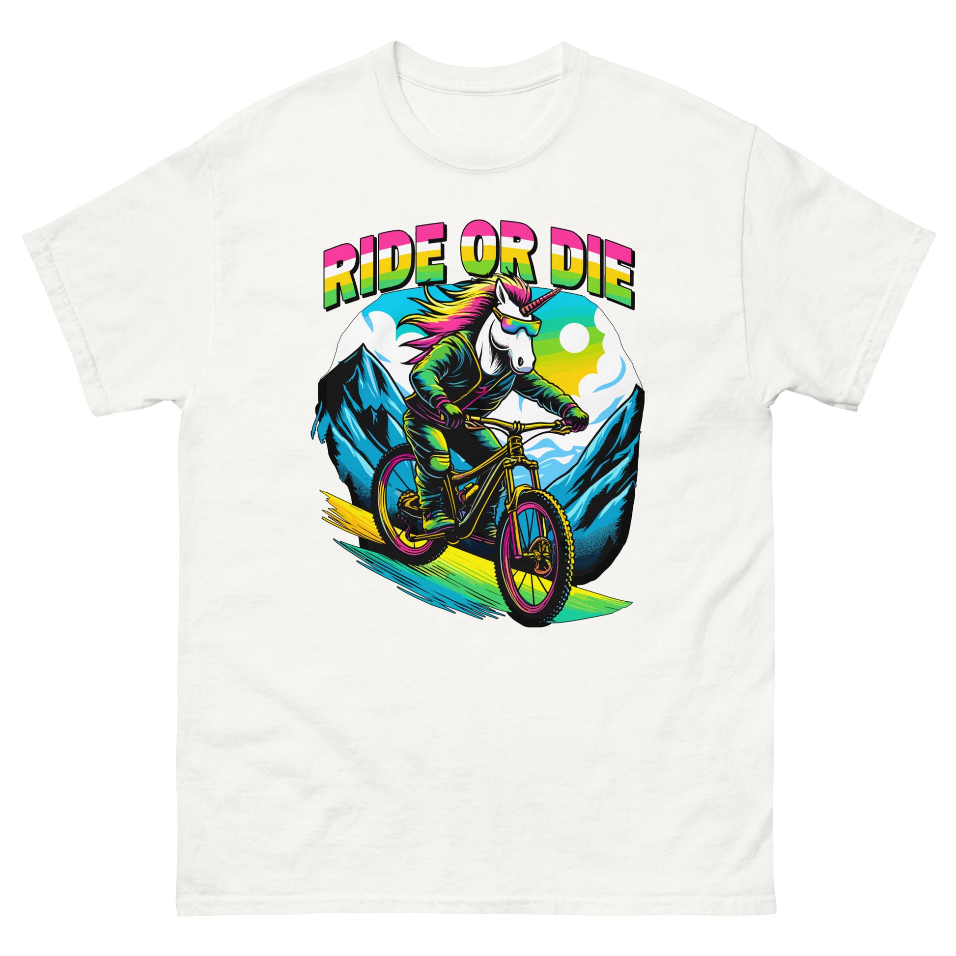 Ride or Die colourful Unicorn riding mountain bike down the hill printed on t-shirt by Whistler Shirts