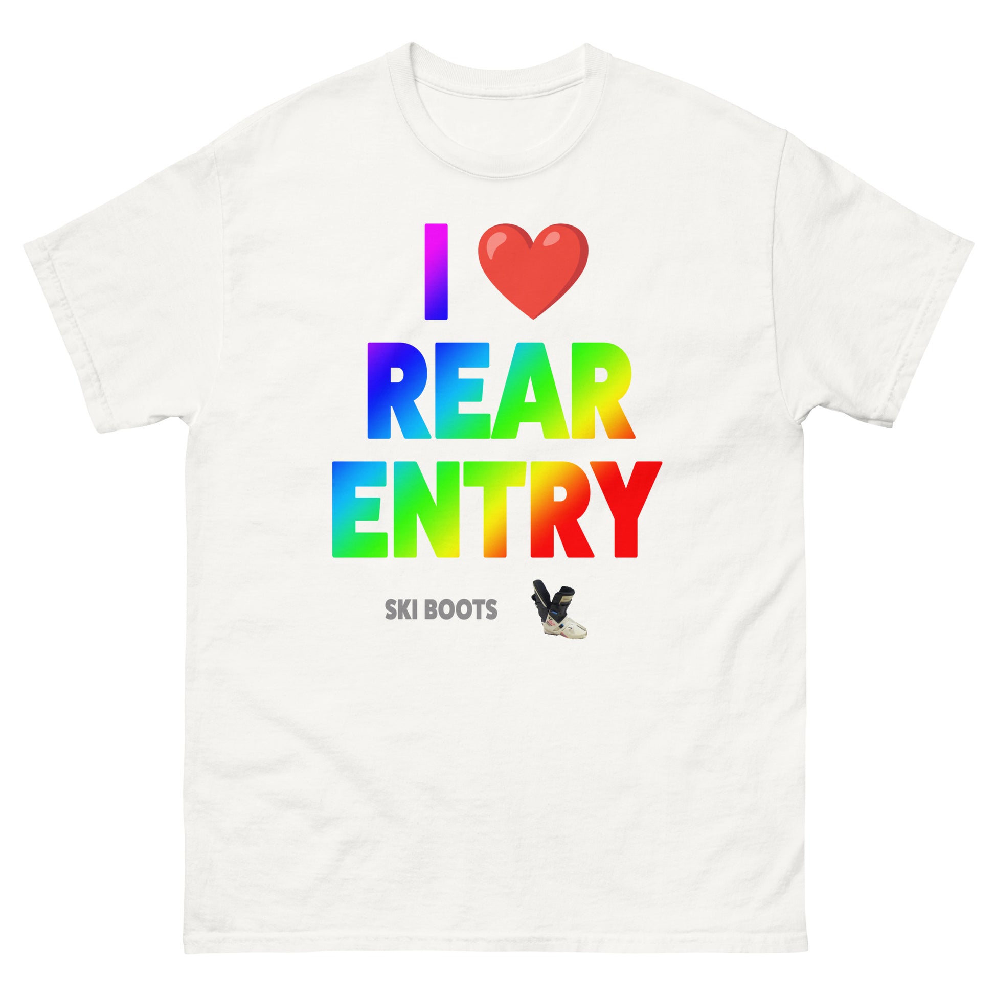 I Love Rear Entry Ski Boots design printed on t-shirt by Whistler Shirts