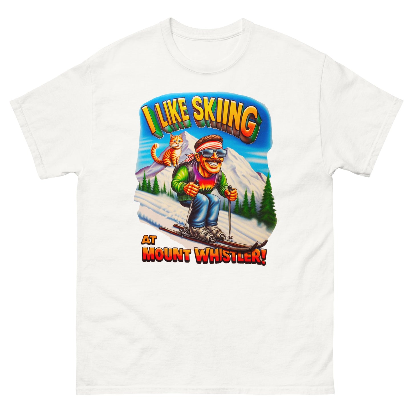 I Like Skiing At Mount Whistler with a cat design printed on t-shirt by Whistler Shirts