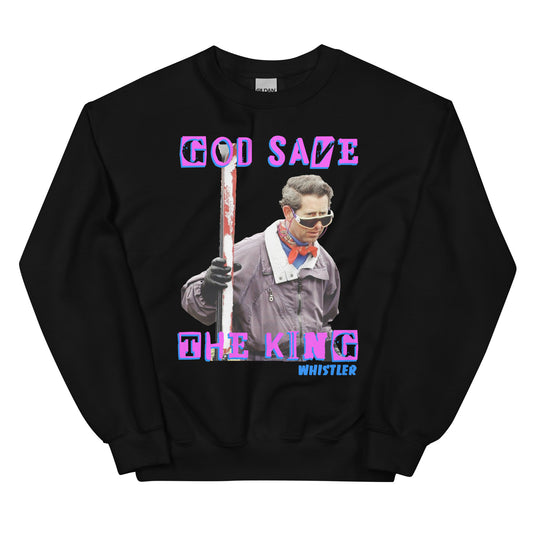 God save the king skiing whistler screen printed crewneck sweatshirt
