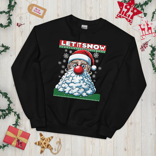 Santa with snow in his face saying let is snow printed ugly christmas sweater by Whistler Shirts