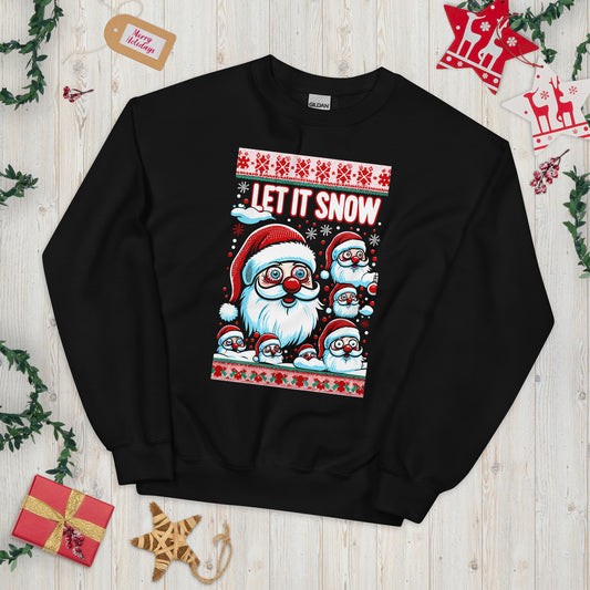 Santa has the crazy eyes, let it snow printed ugly christmas sweater by Whistler Shirts