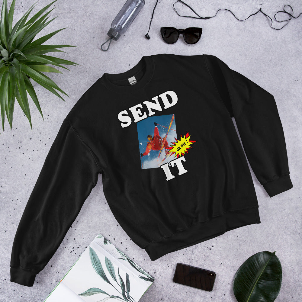 Send it or die extreme skiier printed crewneck sweatshirt by Whistler Shirts