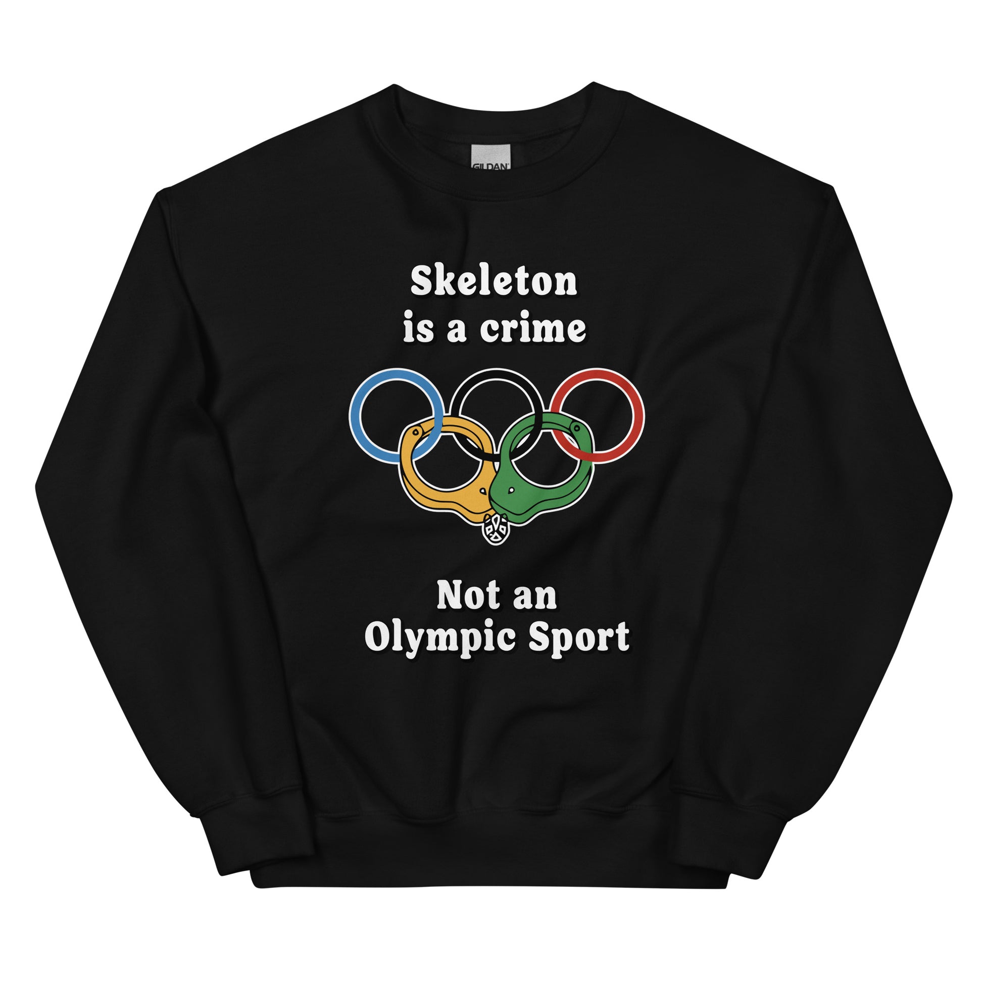 Skeleton is a crime not an olympic sport design printed on a crewneck sweatshirt by Whistler Shirts