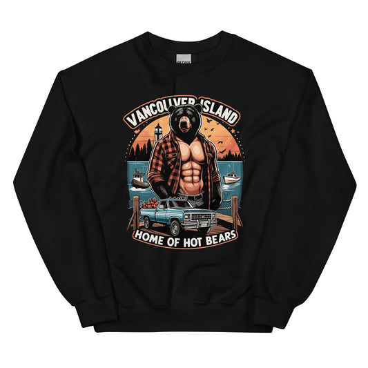 Vancouver Island Home of Bears print with a shirtless man with a bear head with a truck by the dock on the ocean  printed on a crewneck sweatshirt by Whistler Shirts