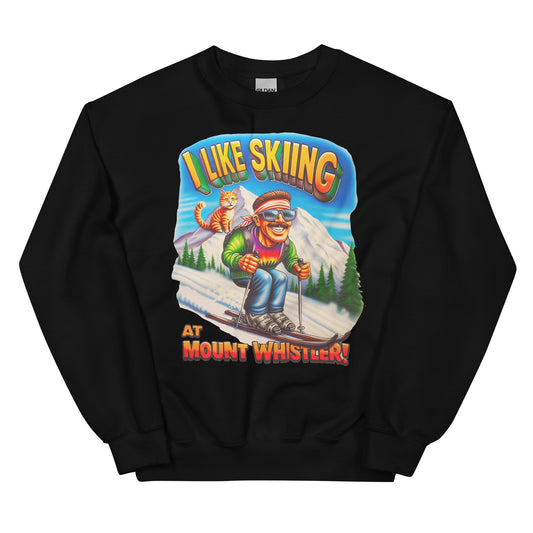 I Like Skiing At Mount Whistler with cat design printed on Crewneck Sweatshirt  by Whistler Shirts