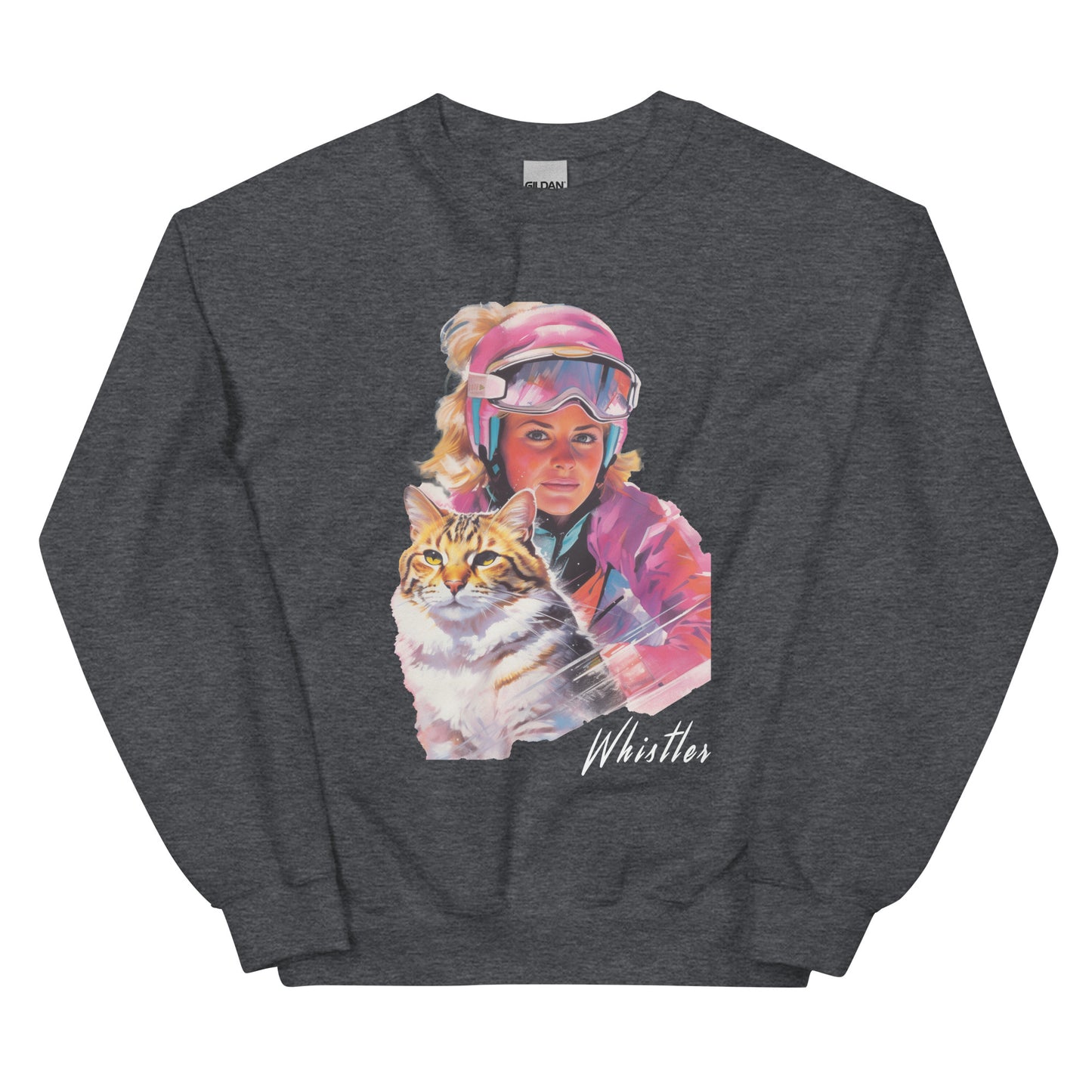 Whistler lady and her cat skiing screen printed crewneck