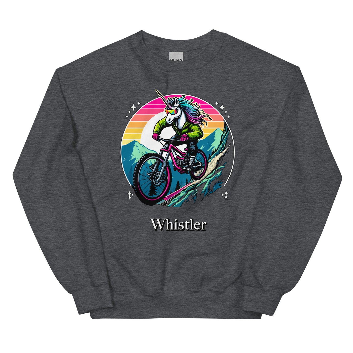 Whistler Unicorn Rainbow Mountain Biking printed crewneck by Whistler Shirts